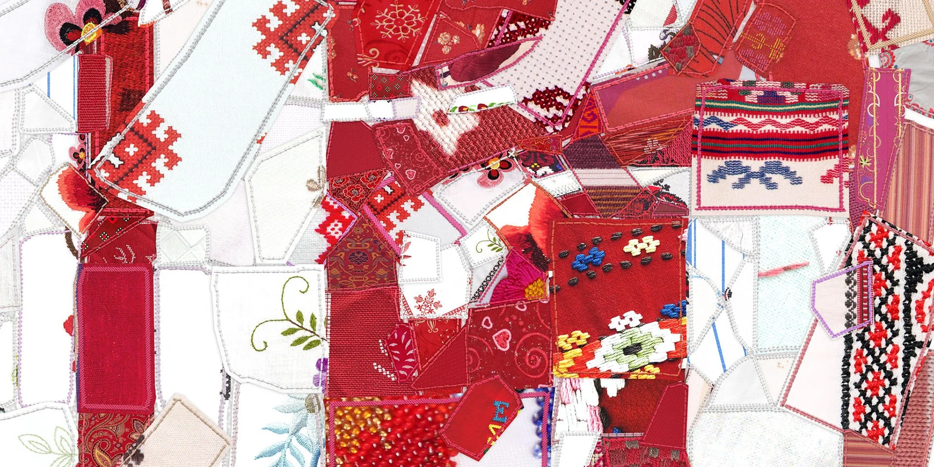  Digital stitched fabric fragments mimicking traditional quilting patchwork 
