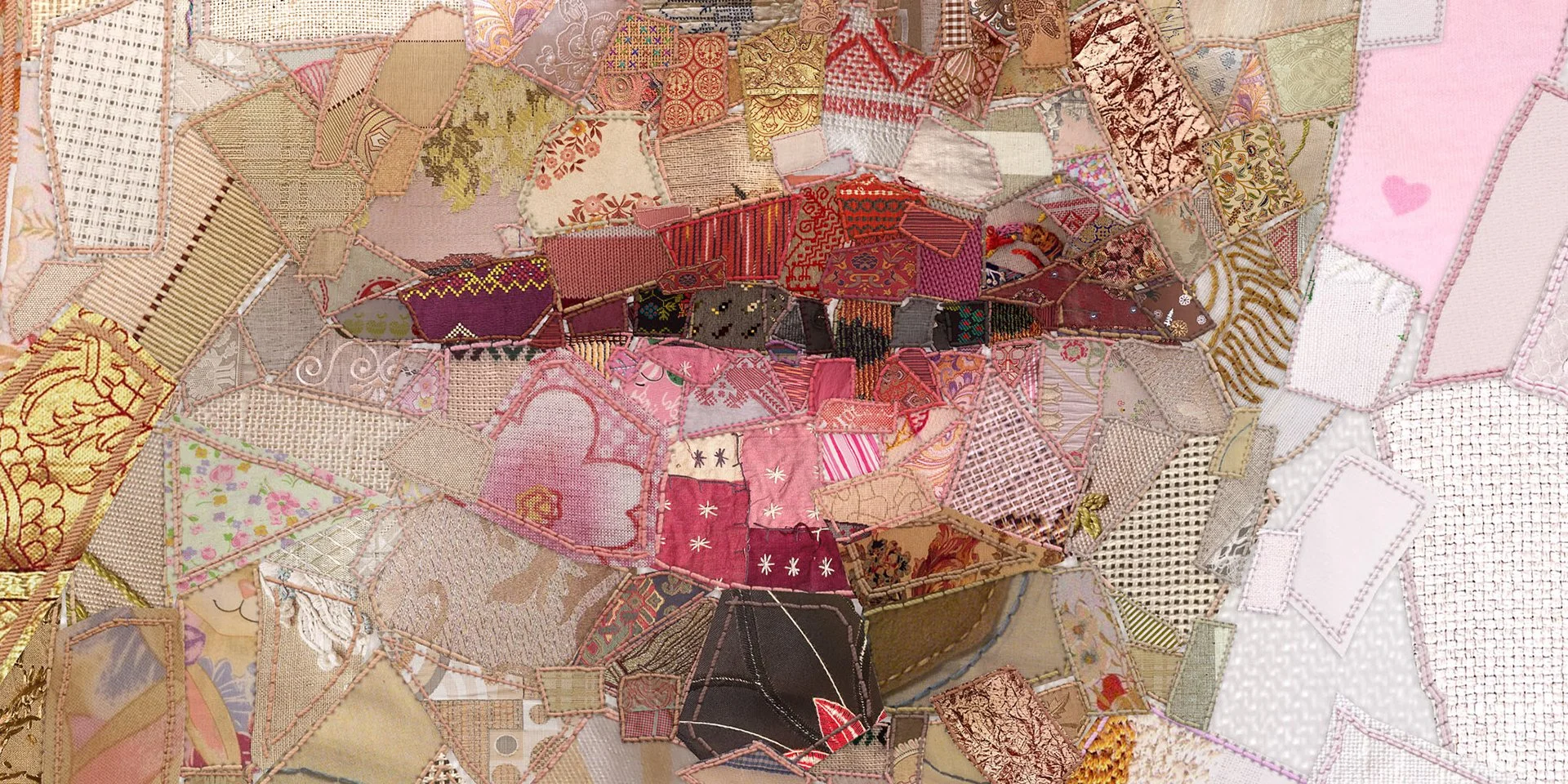   patchwork quilt aesthetic with visible thread-like mosaic fragments  