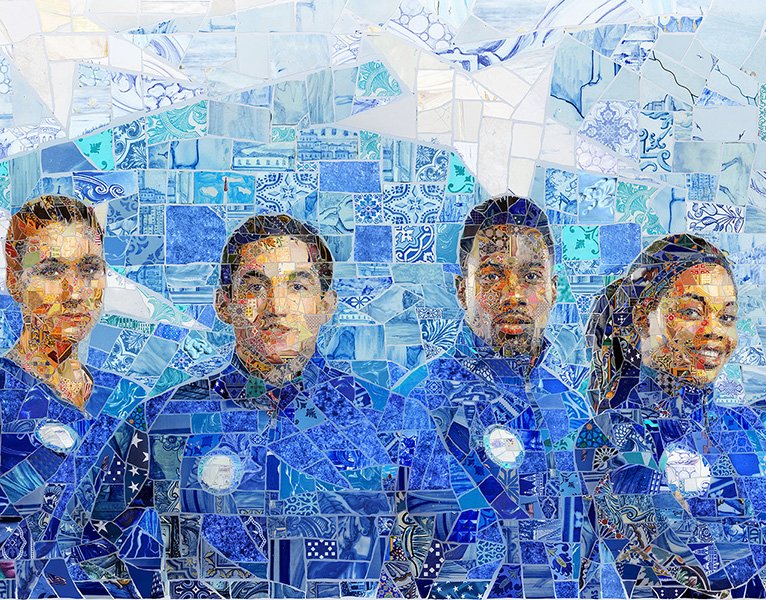Mosaic mural of four Team USA athletes in blue uniforms, built from azulejo-like tiles