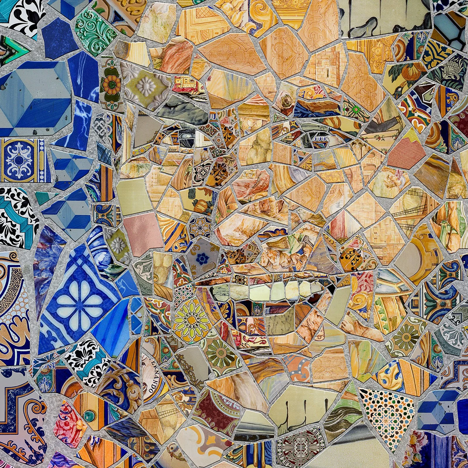   Close-up of Messi trencadís mosaic – jagged ceramic shards, and azulejo pieces.  