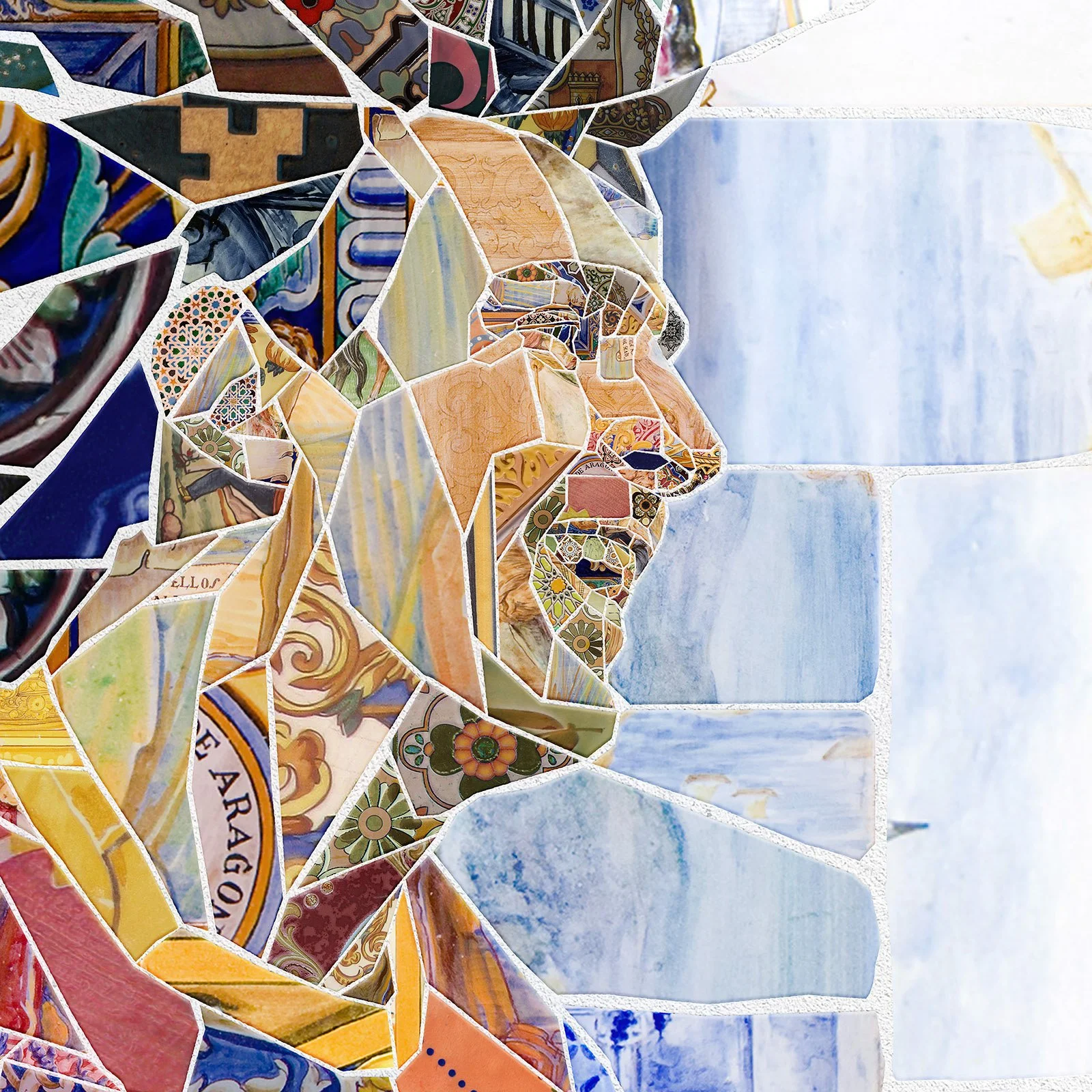   Close-up of Messi trencadís mosaic – jagged ceramic shards, and azulejo pieces.  