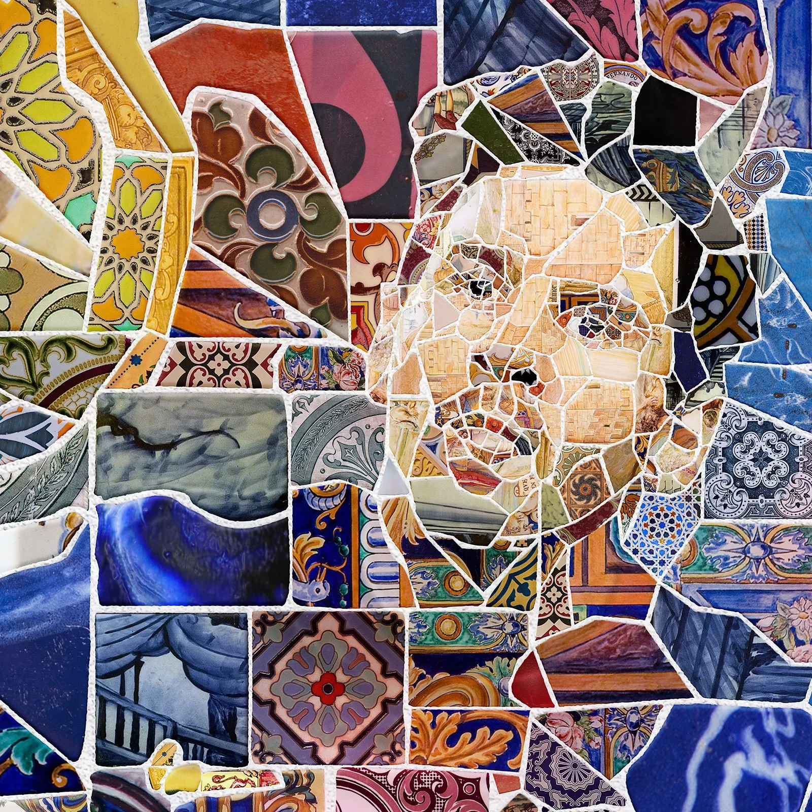   Close-up of Messi trencadís mosaic – jagged ceramic shards, and azulejo pieces.  