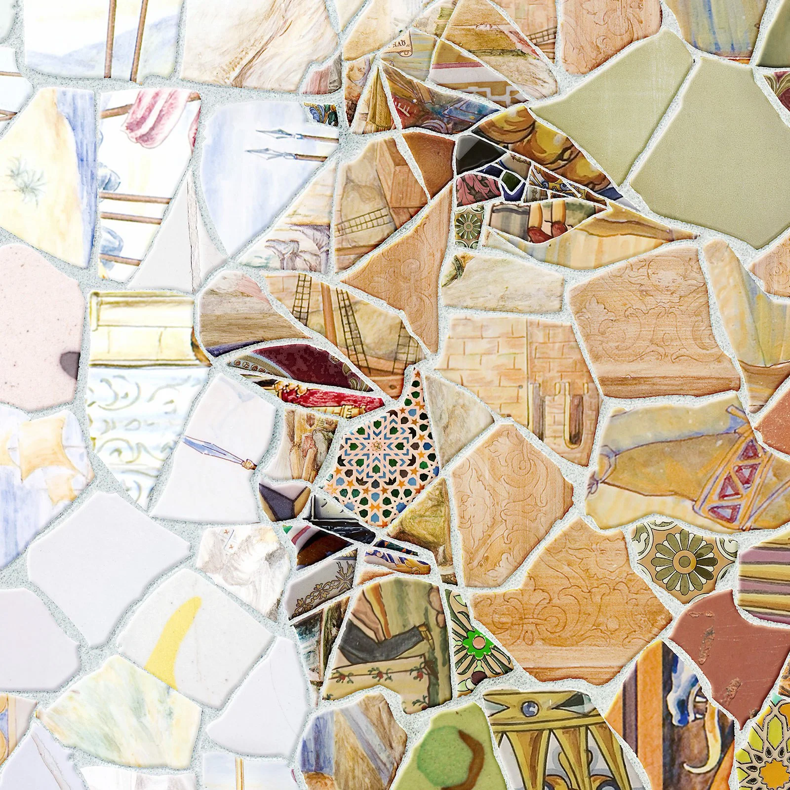   Close-up of Messi trencadís mosaic – jagged ceramic shards, and azulejo pieces.  