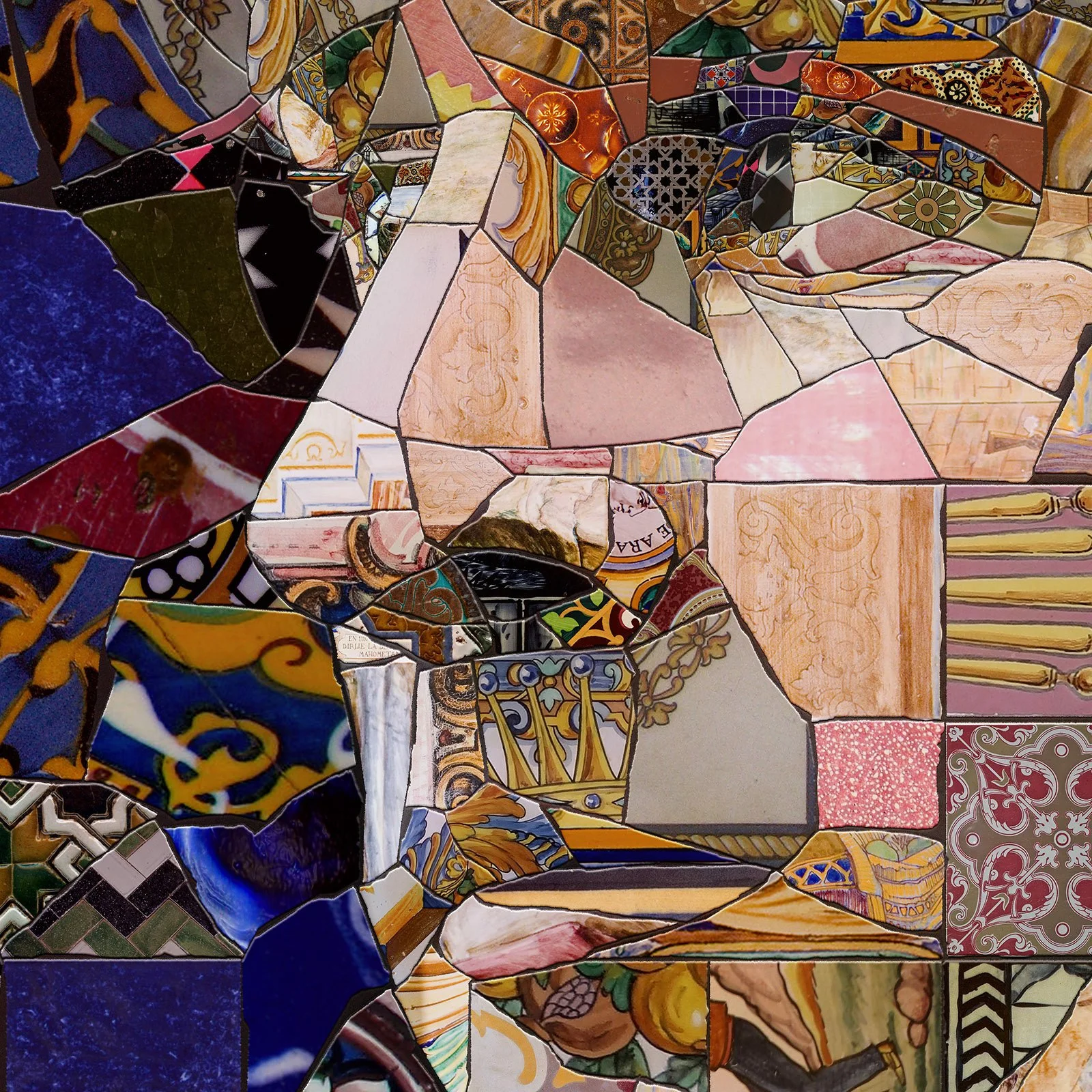   Close-up of Messi trencadís mosaic – jagged ceramic shards, and azulejo pieces.  