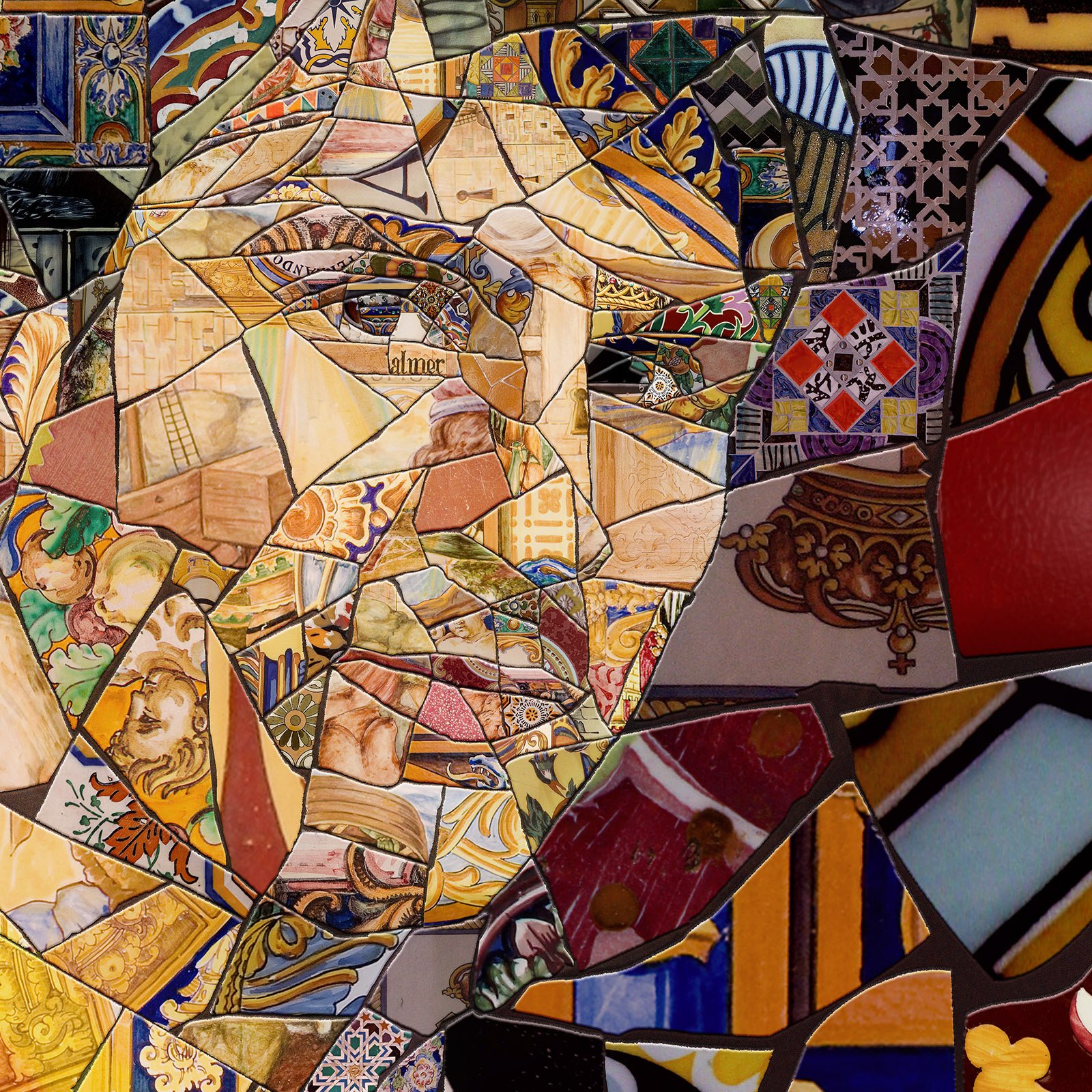   Close-up of Messi trencadís mosaic – jagged ceramic shards, and azulejo pieces.  