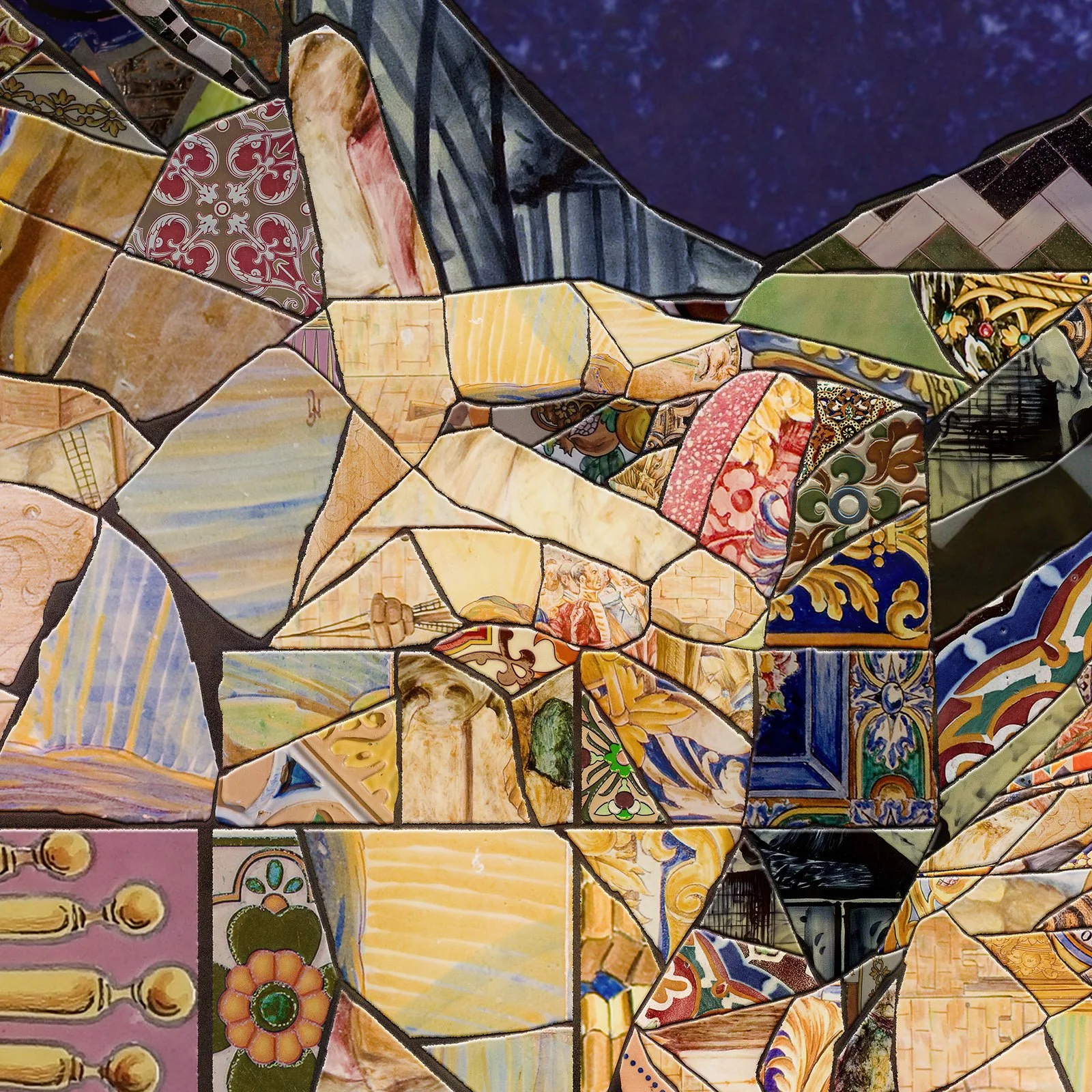   Close-up of Messi trencadís mosaic – jagged ceramic shards, and azulejo pieces.  
