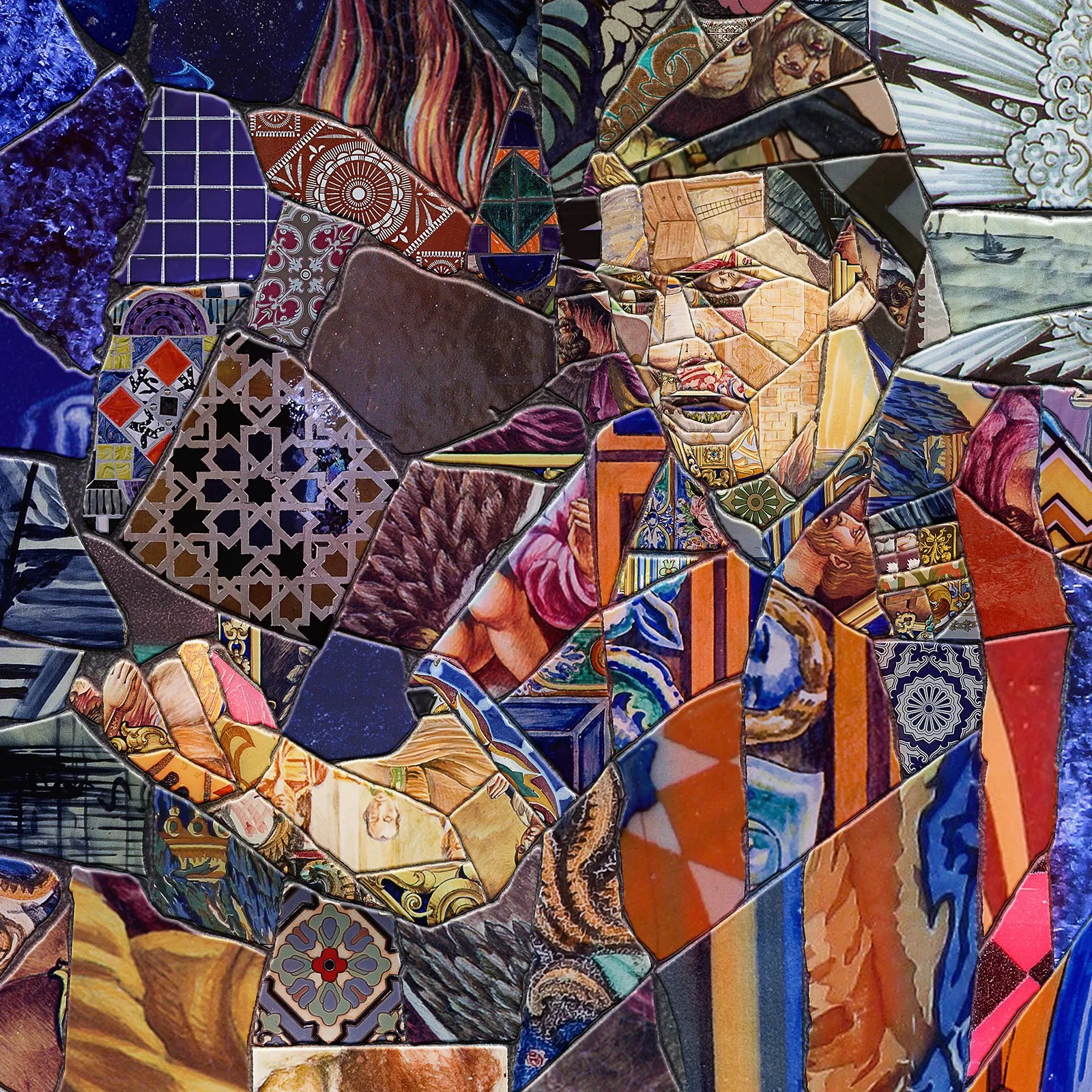   Close-up of Messi trencadís mosaic – jagged ceramic shards, and azulejo pieces.  