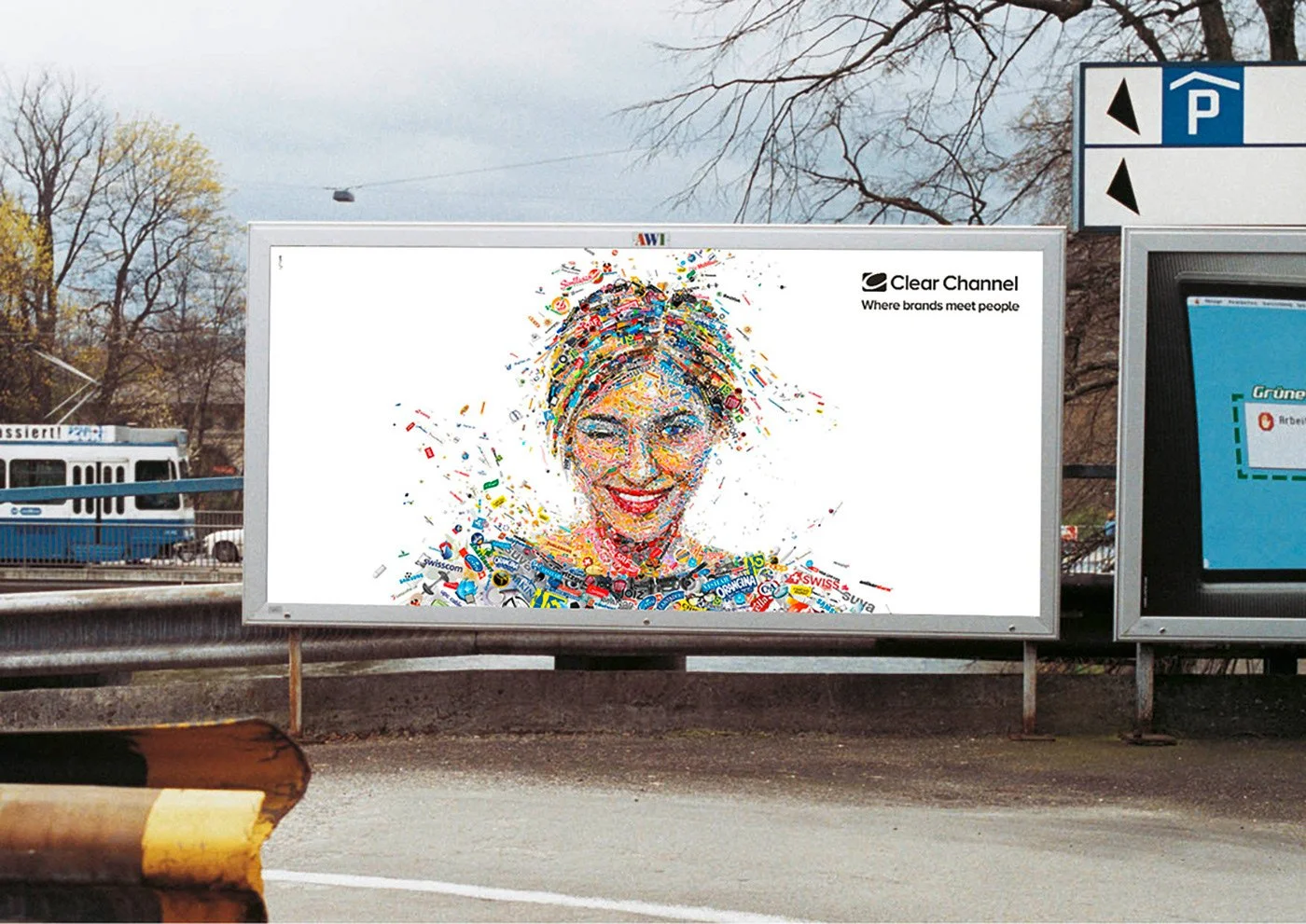   colorful brand logo mosaic at Swiss transit location.  