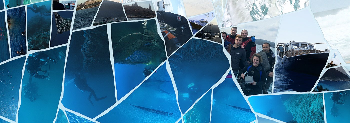   Close-up of dolphin mosaic – individual Healthy Seas photos visible: divers, ghost nets, recovered trash.  