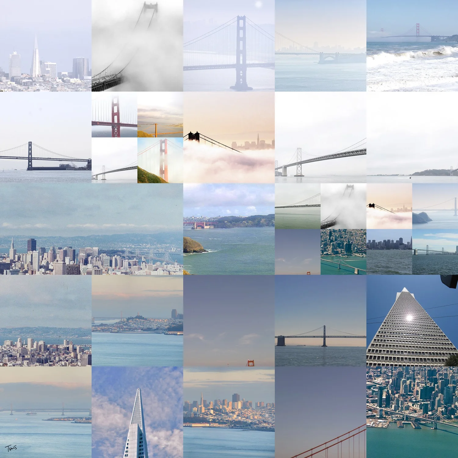 Detail of a photo mosaic mural: small photographs of the Golden Gate Bridge and San Francisco
