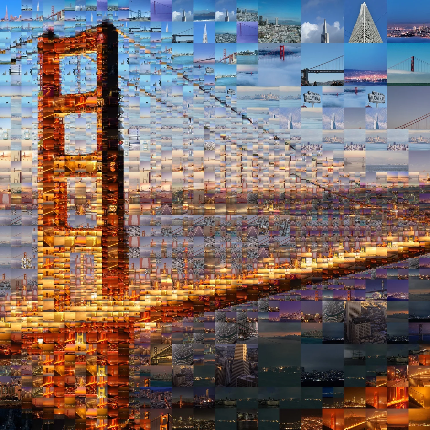 Mosaic of the Golden Gate Bridge at dusk made of many small photographs