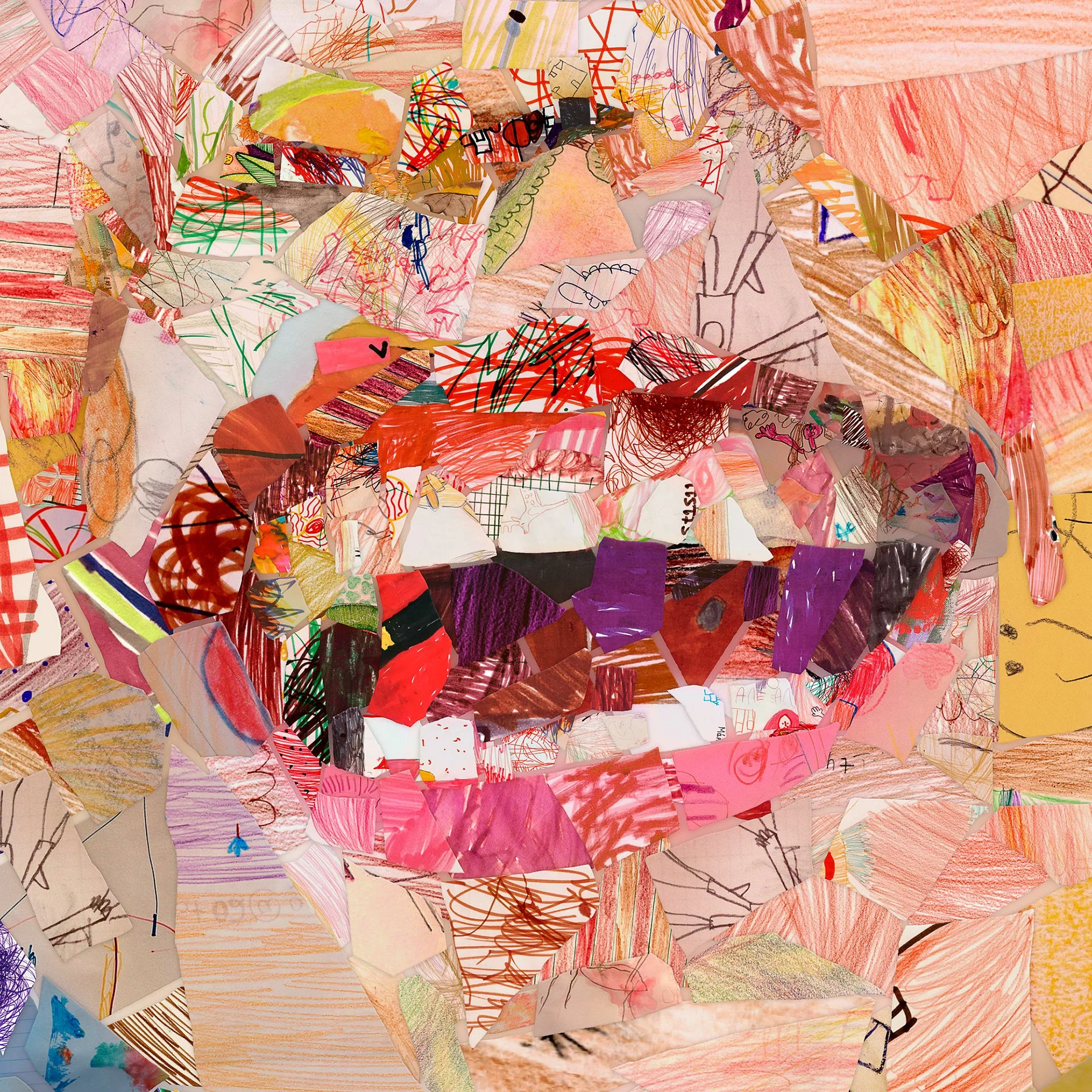   Drawing detail – crayon and marker illustrations as tiny tiles forming the smile.  