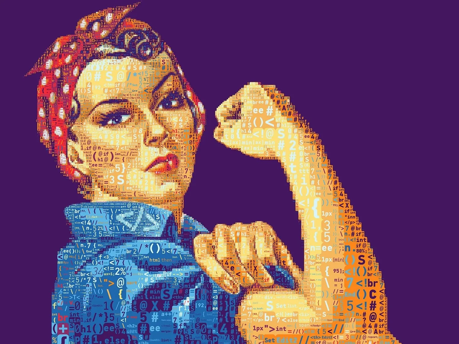 Rosie the Riveter flexing her arm, rebuilt from lines of computer code
