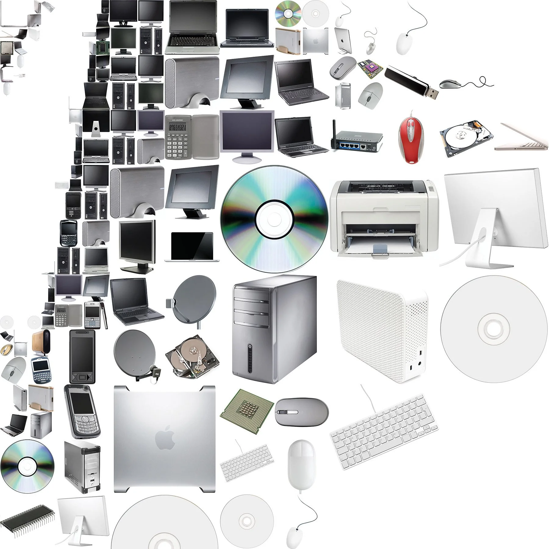  Grid of computer hardware pieces: monitors, discs, a printer, drives, a tower, keyboards and mice on white 