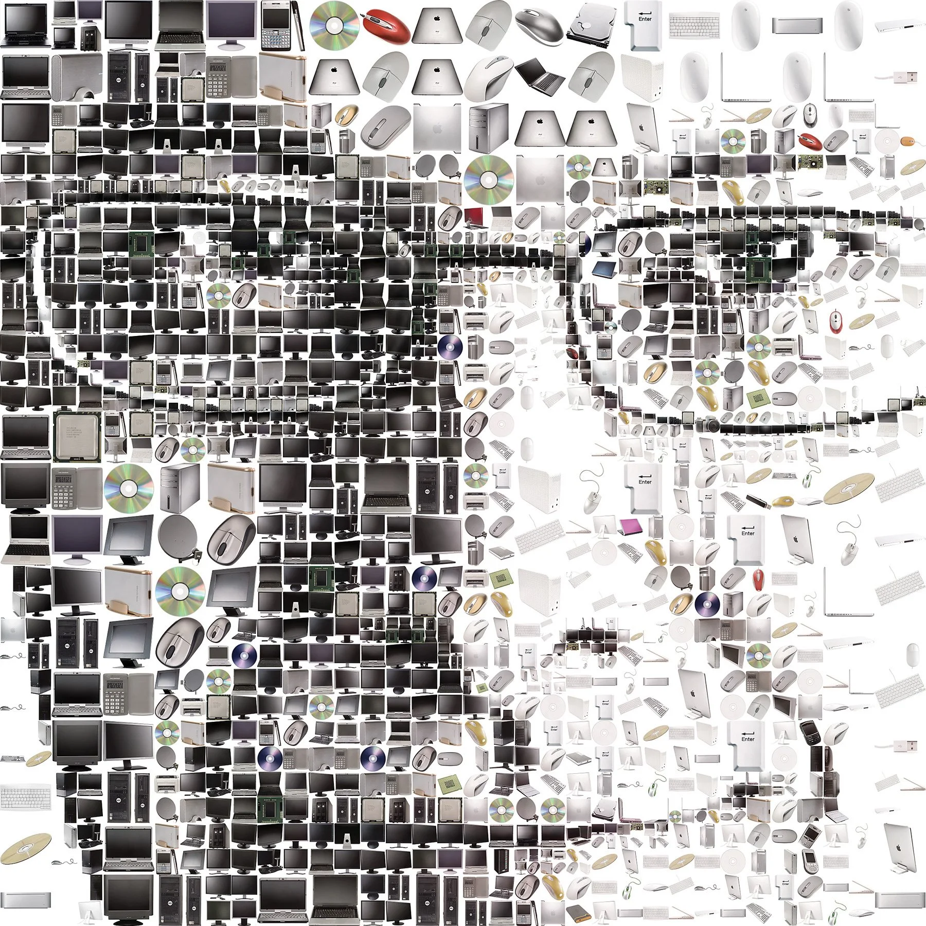  Close-up of a mosaic of a man's face with glasses, built from tiny computers, monitors, discs and mice 