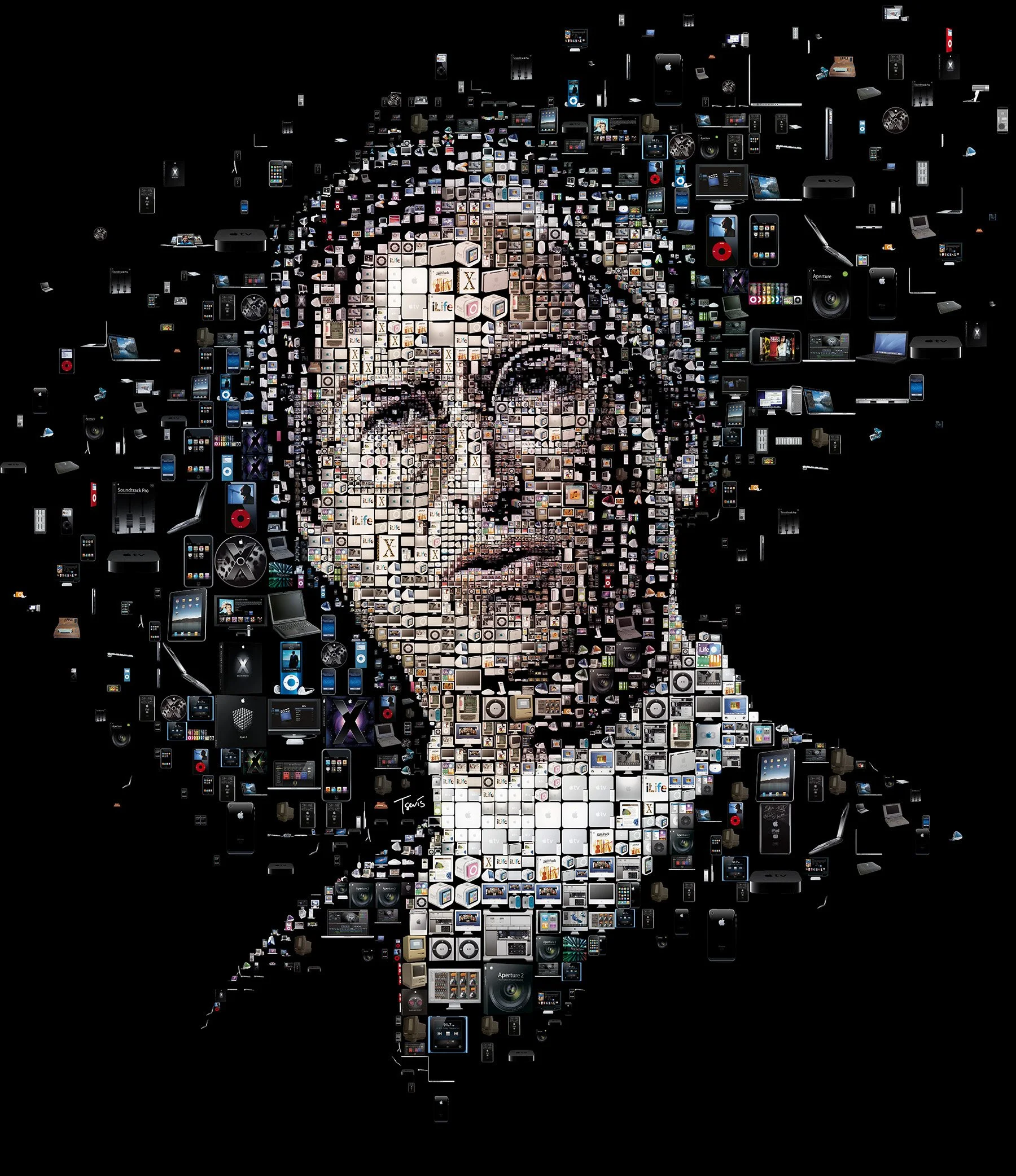   Steve Jobs Apple mosaic – Macintosh, iPod, iPhone, iPad as tiny tiles.  
