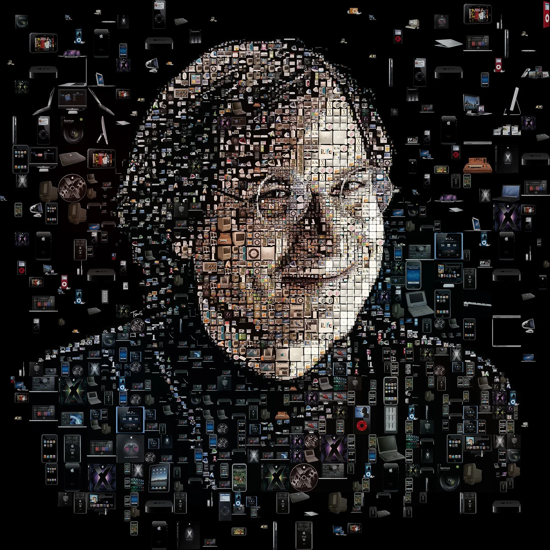   Steve Jobs Apple mosaic – Macintosh, iPod, iPhone, iPad as tiny tiles.  