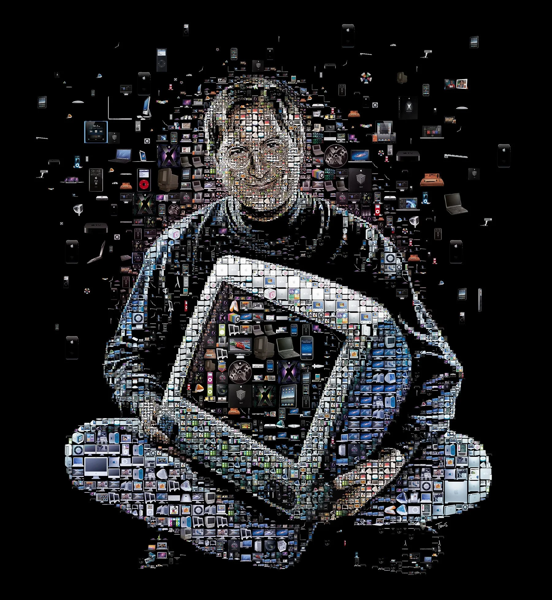   Steve Jobs Apple mosaic – Macintosh, iPod, iPhone, iPad as tiny tiles.  