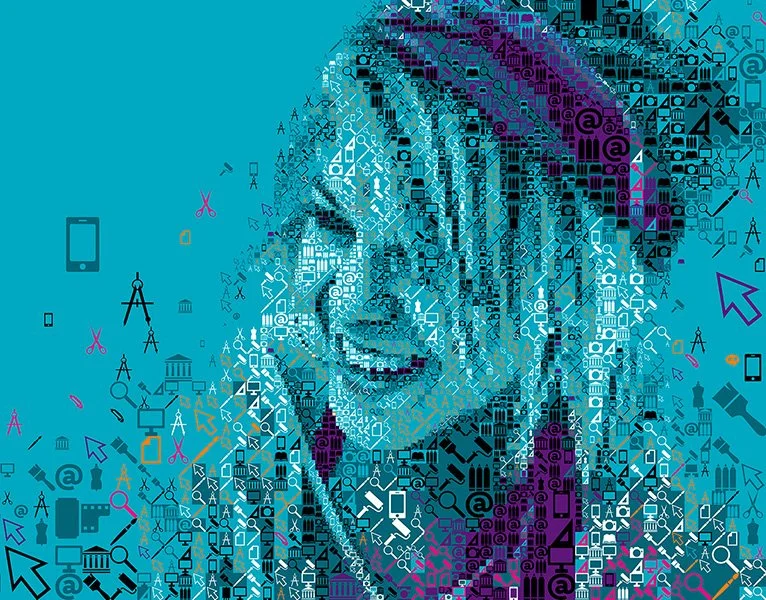 A smiling young woman built from design and technology icons in blue and purple