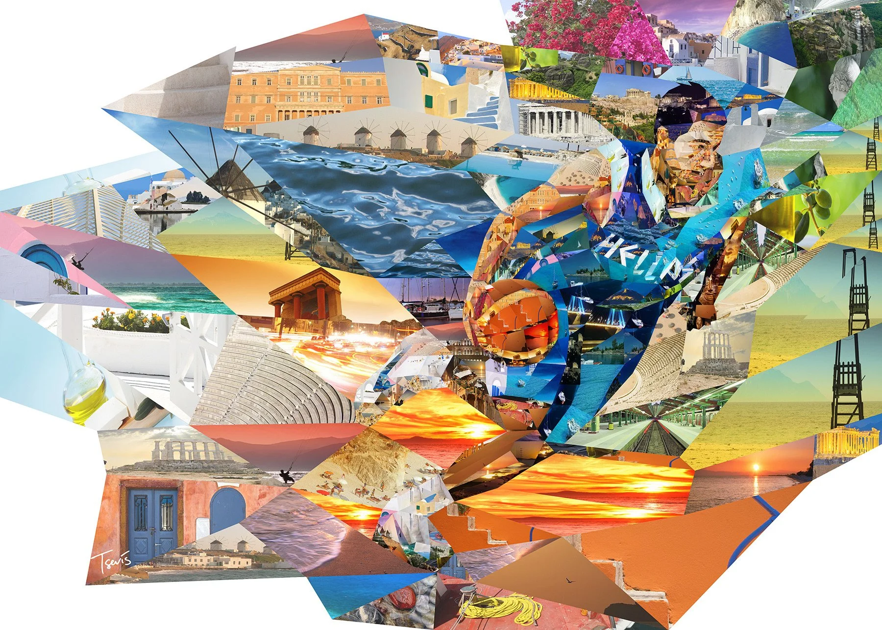   Greek basketball player mosaic – from Santorini, Acropolis, and Aegean sea photos as tesserae  