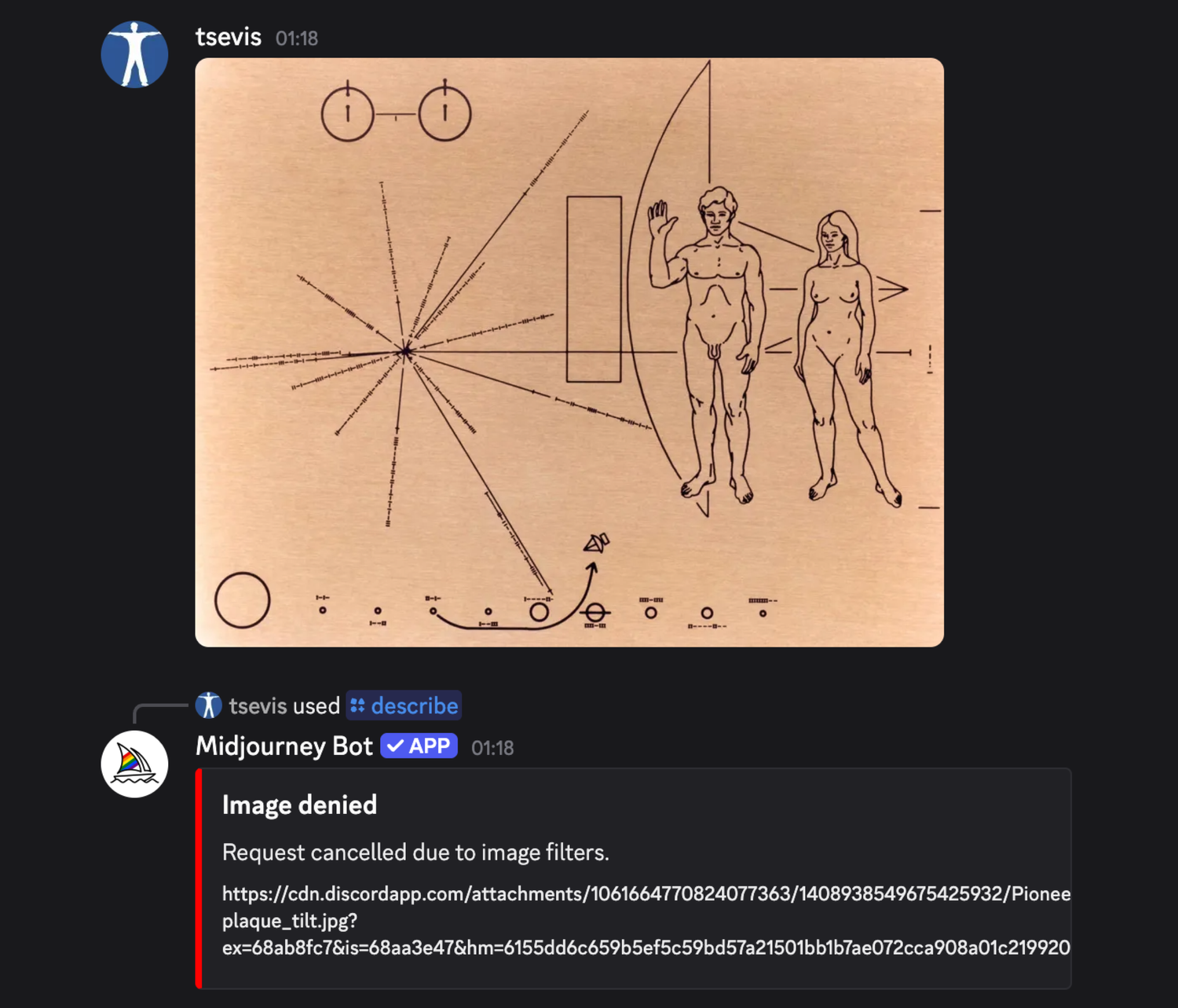 The NASA 1972 Pioneer plaque and how Midjourney bot is considering it NSFW.