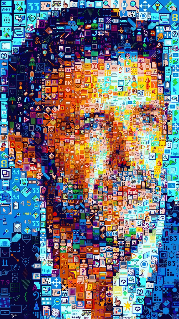 Mosaic portrait assembled from vintage pixel icons and contemporary macOS symbols