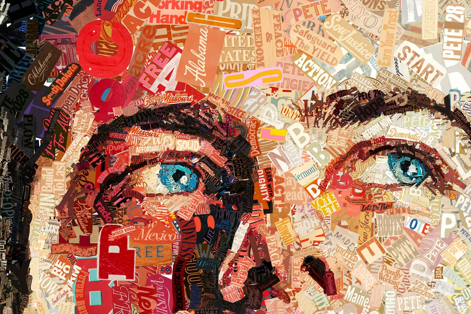 Close-up of the eyes in Looking Up, made of pieces reading Earn With Dignity, Safeguard the Yield, Hope, Democracy and Pete 28.