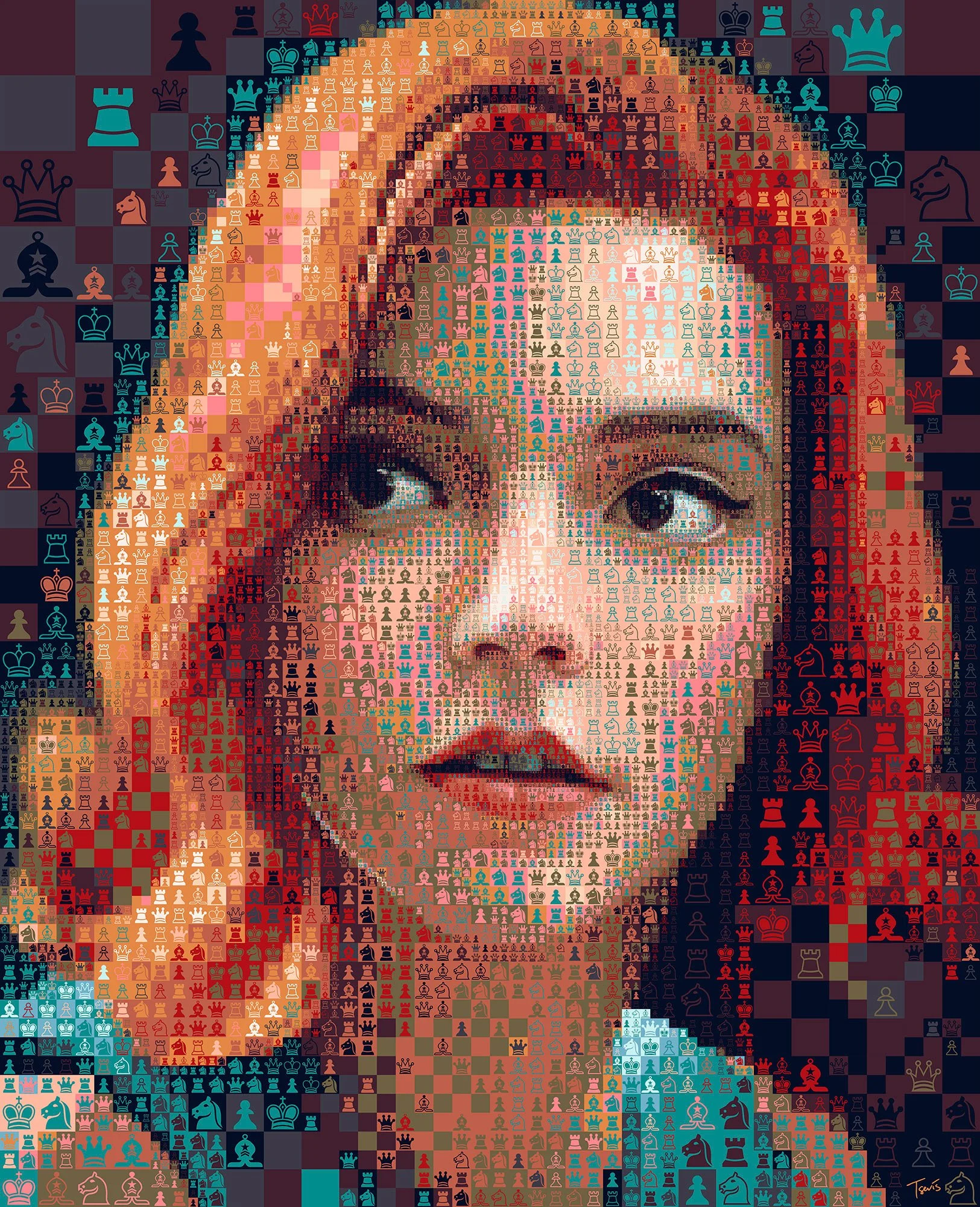 Anya Taylor-Joy mosaic portrait for a chess film, contemporary art installation