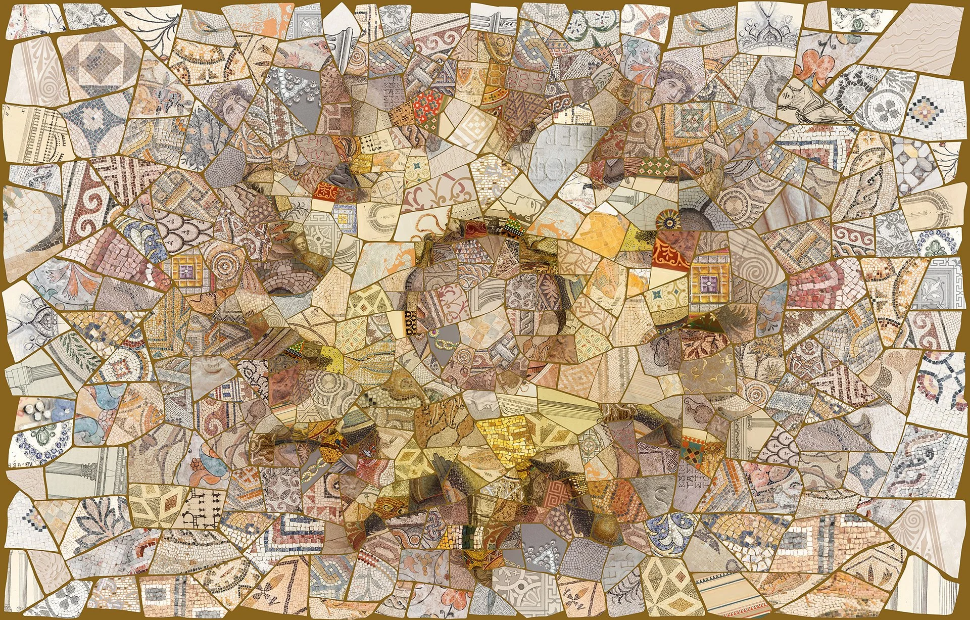 Mosaic art inspired by Roman splendor, capturing opulence and timeless beauty through bold, golden hues and intricate designs.