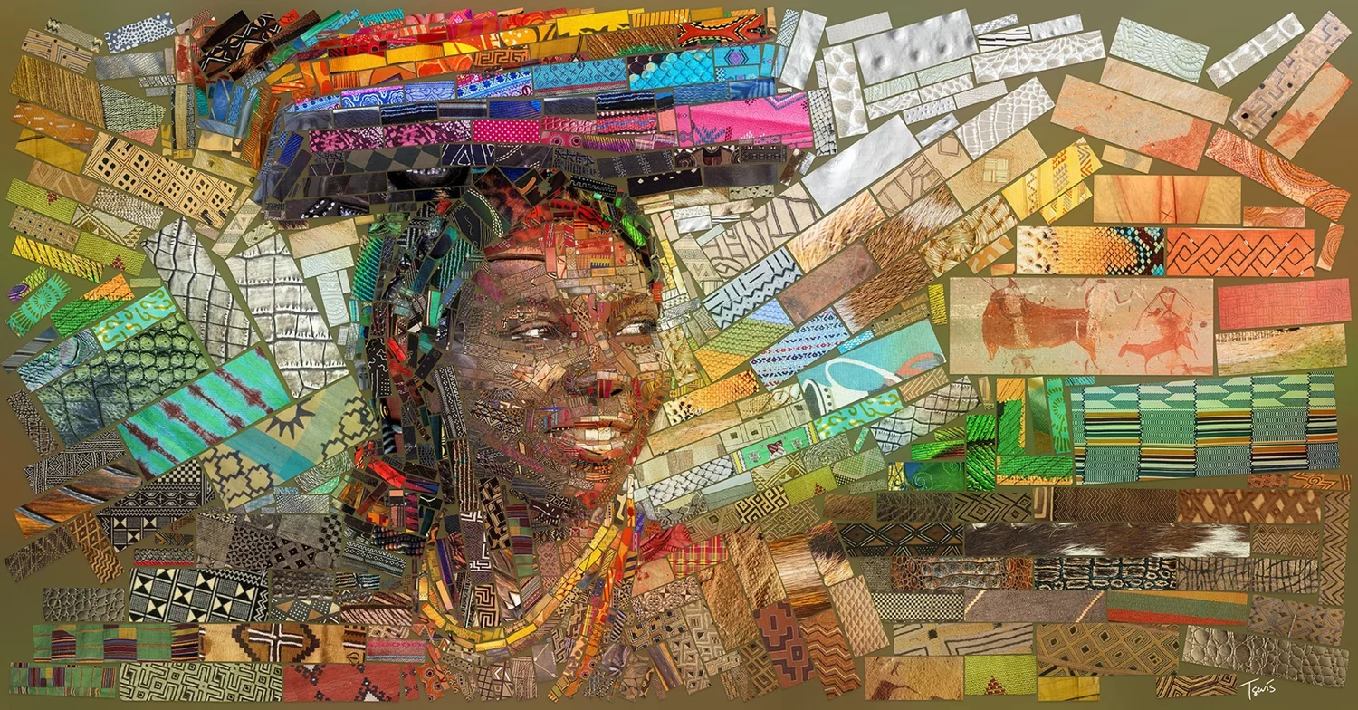 Mosaic of a woman with fabrics balanced on her head and beaded necklaces, built from African patterned tiles