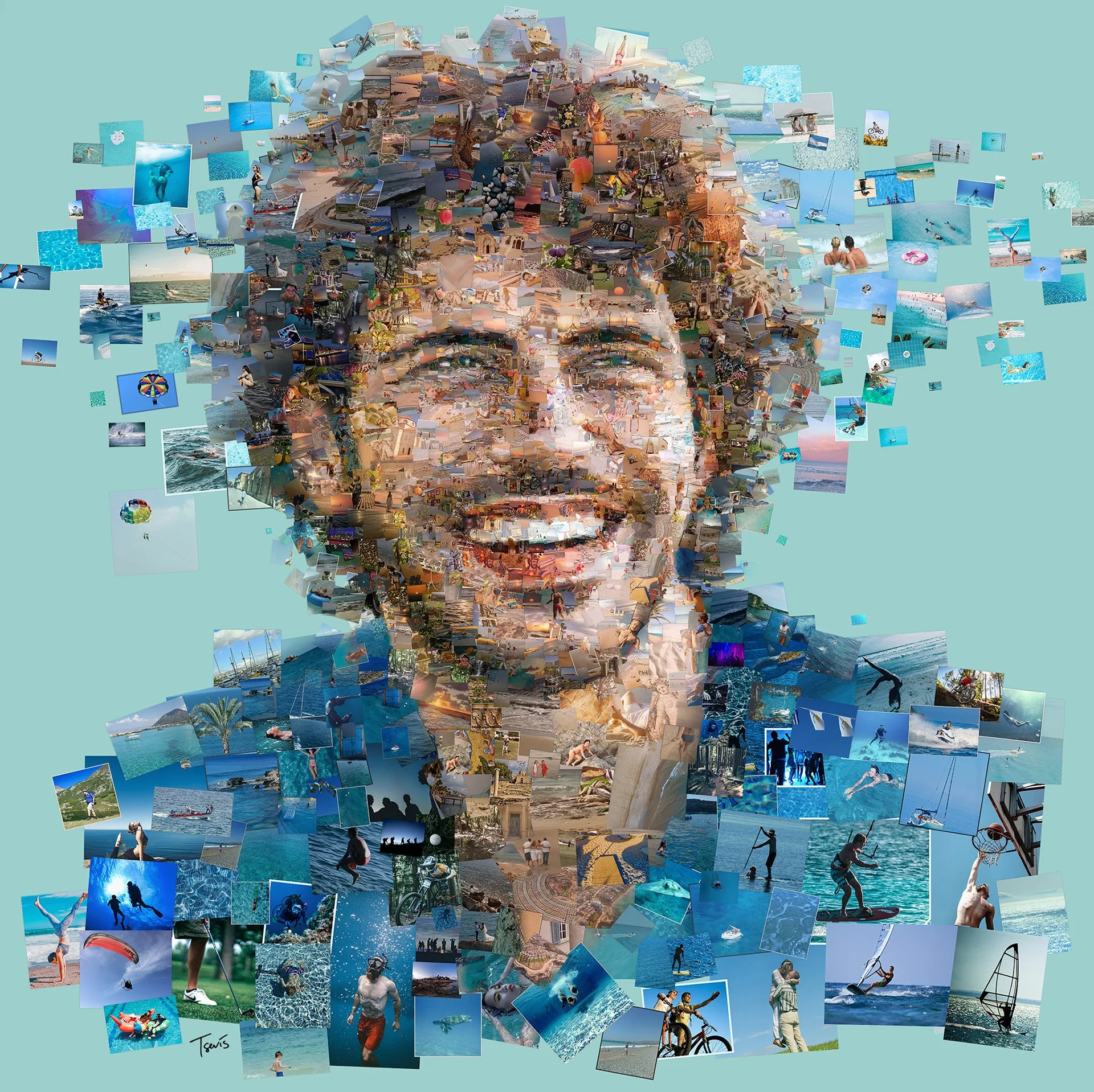 Young man photomosaic from happy moments on a holiday island