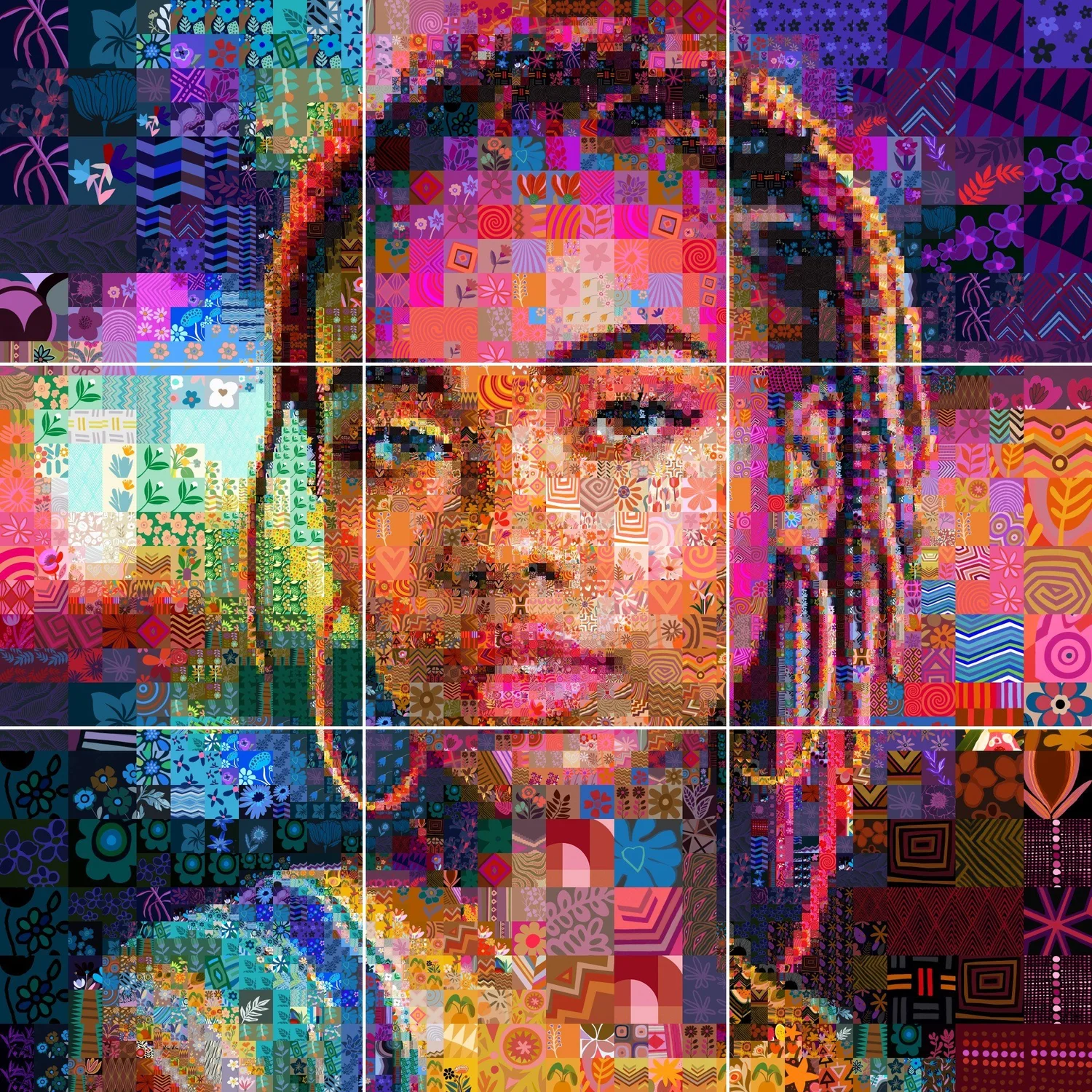 A portrait of the singer Tyla in nine squares, each made with a different tile-matching algorithm from the same illustrated tiles