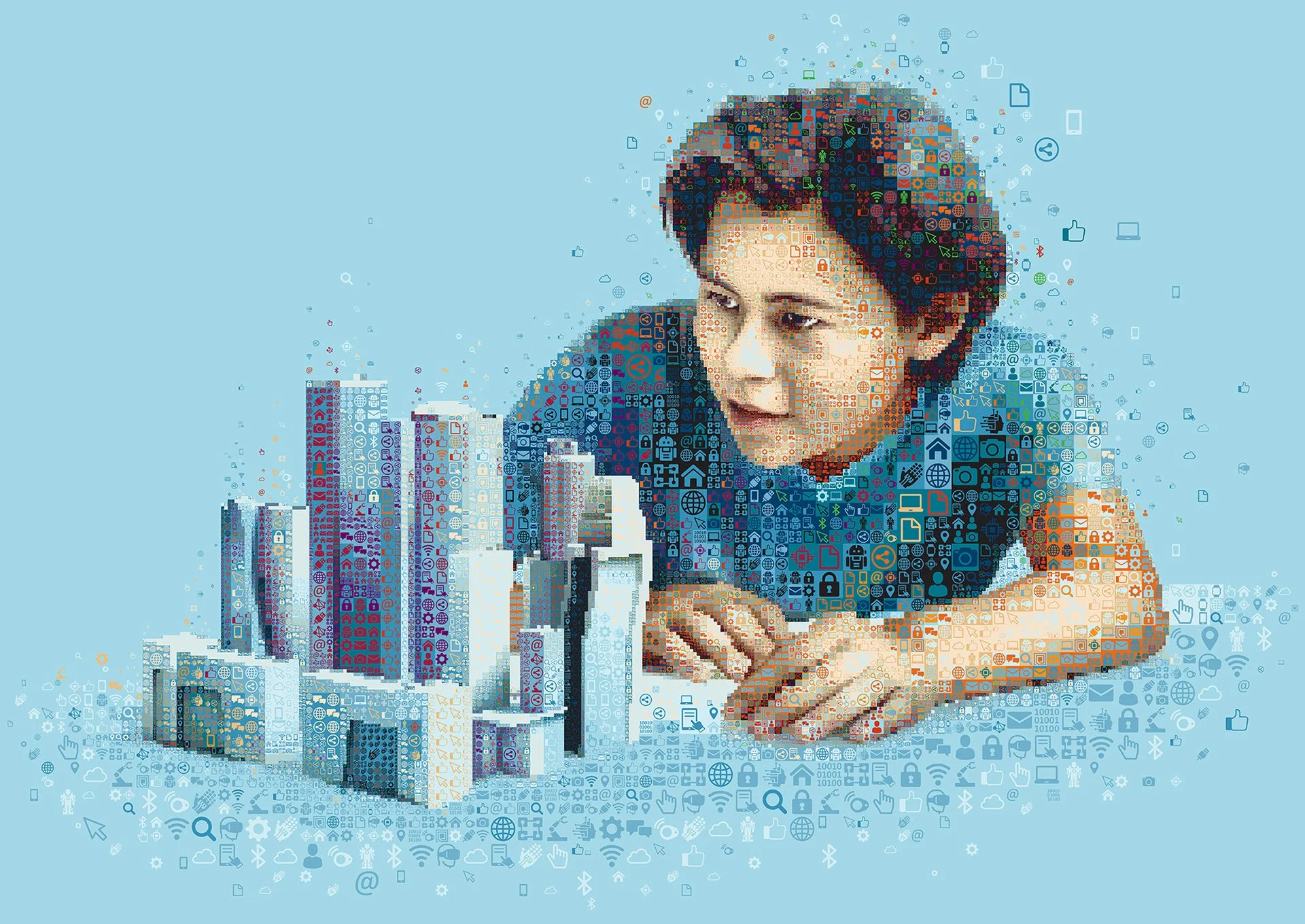 Big Data mosaic – data streams and analytics symbols. Cyber-physical systems