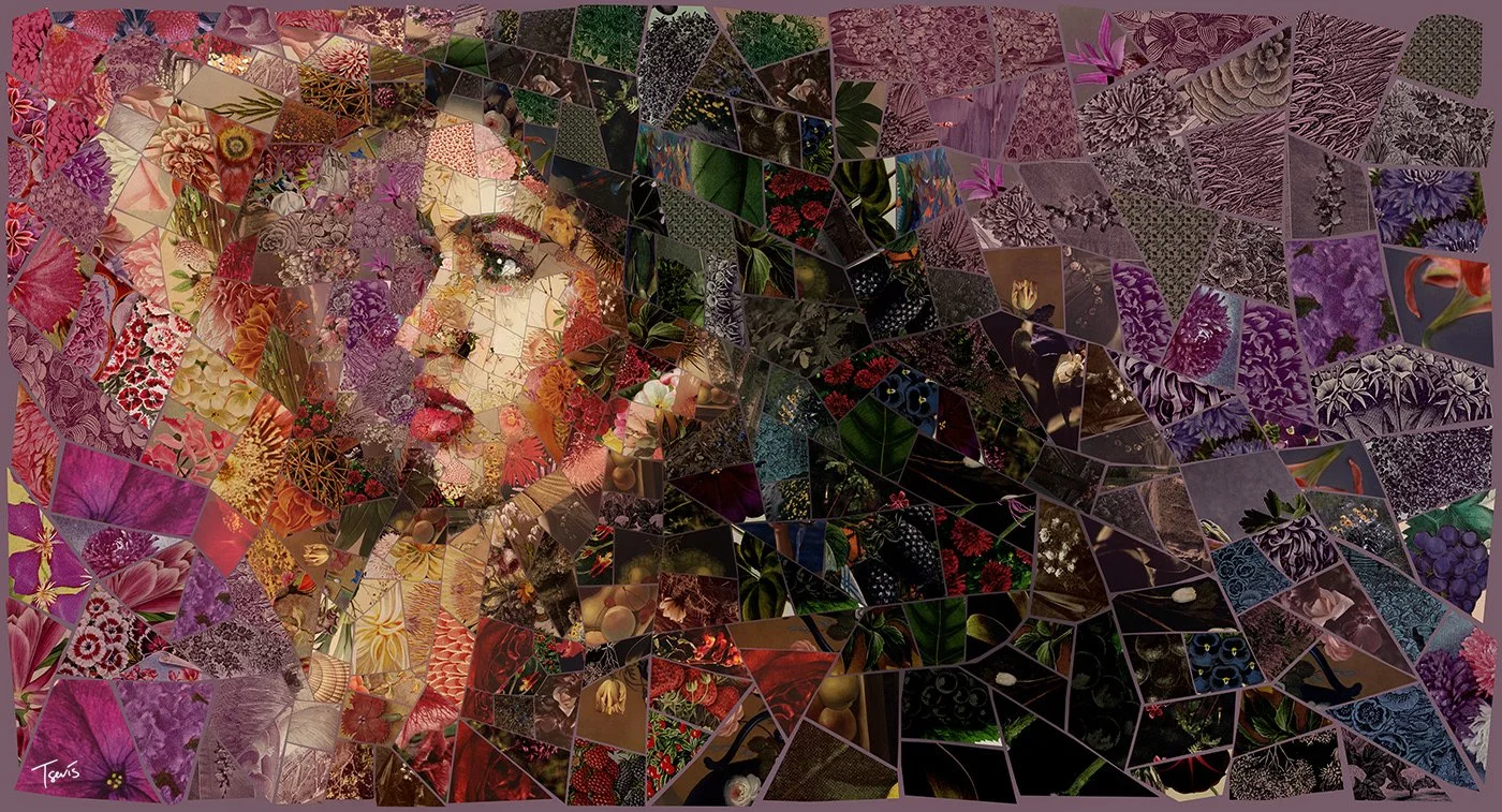 Afrofite mosaic in bordo red and purple tiles. Strawberries and Maratheftiko wine colors.
