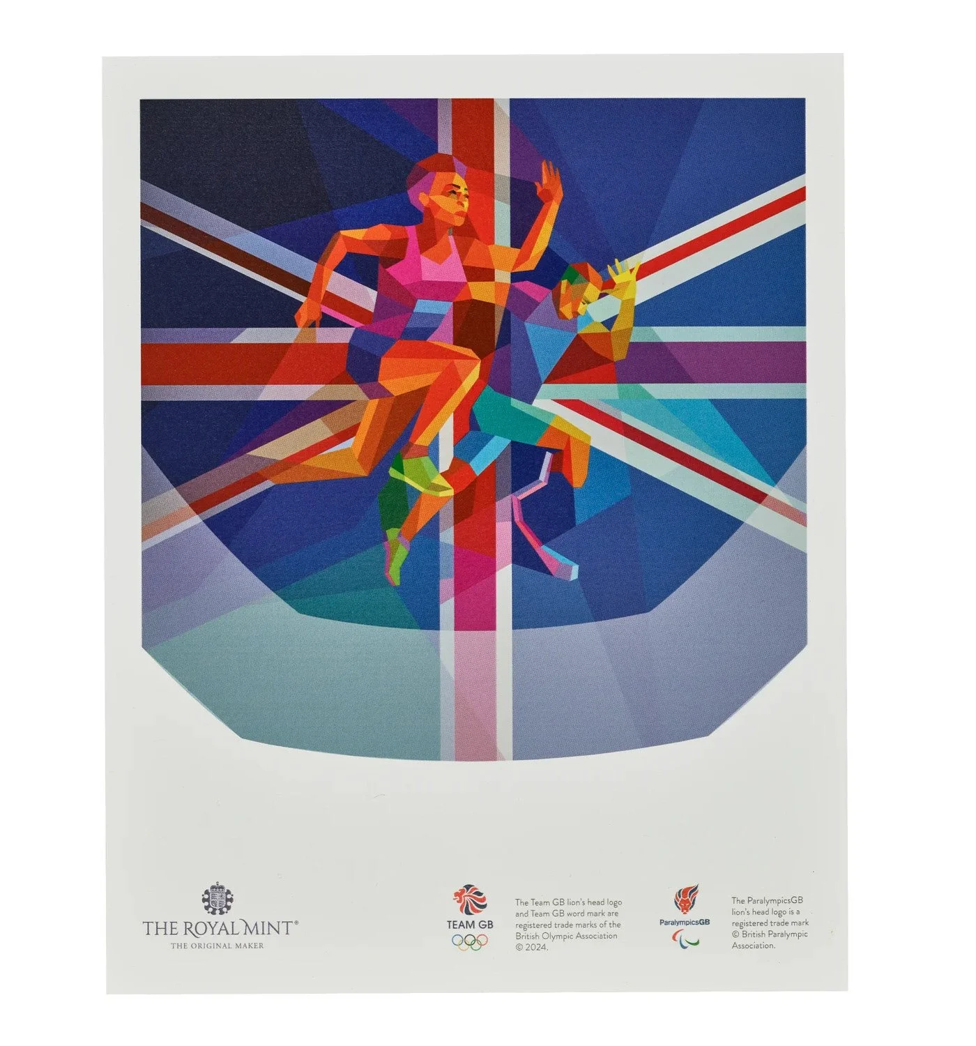   Moving beyond predictable flag imagery, the Team GB poster captures Britain's athletic dynamism through geometric abstraction. The mosaic technique allows individual elements (athletes, flag colors, movement) to maintain their distinct identity whi