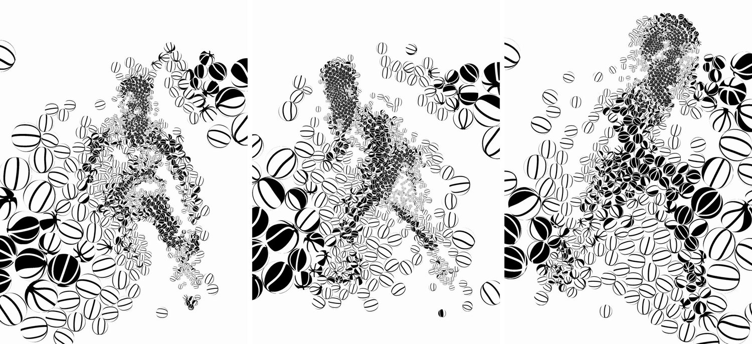 Three black-and-white mosaic frames of a basketball player in motion, built from basketball tiles on white, with large balls at the left and right edges.
