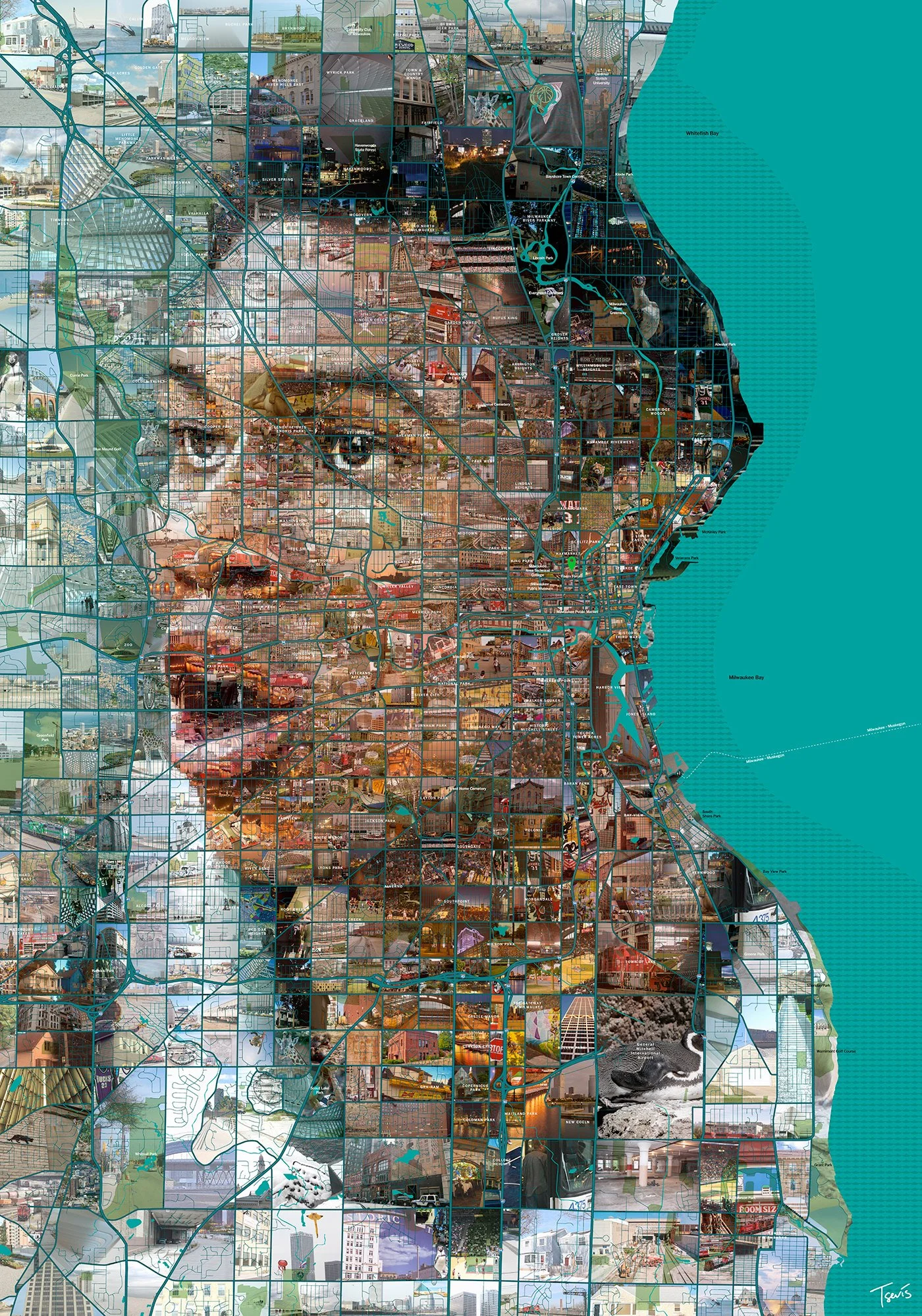 Giannis Antetokounmpo mosaic, Milwaukee map grid forming Greek Freak's face. Thousands of city photos as tiles.