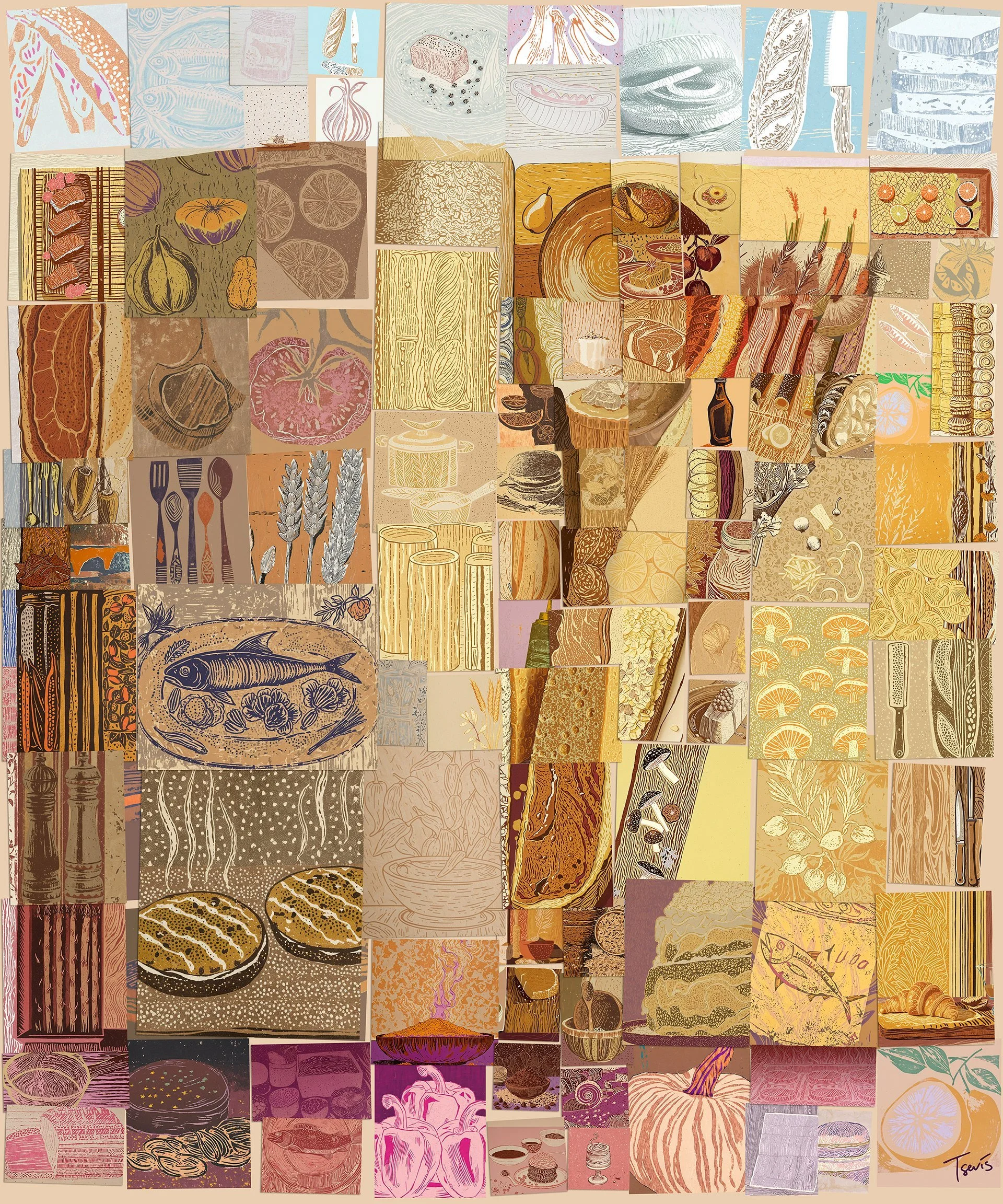 Digital mosaic of kitchen ingredients and tools assembled into unified composition, hundreds of food fragments forming visual field, the studio's digital technique algorithm