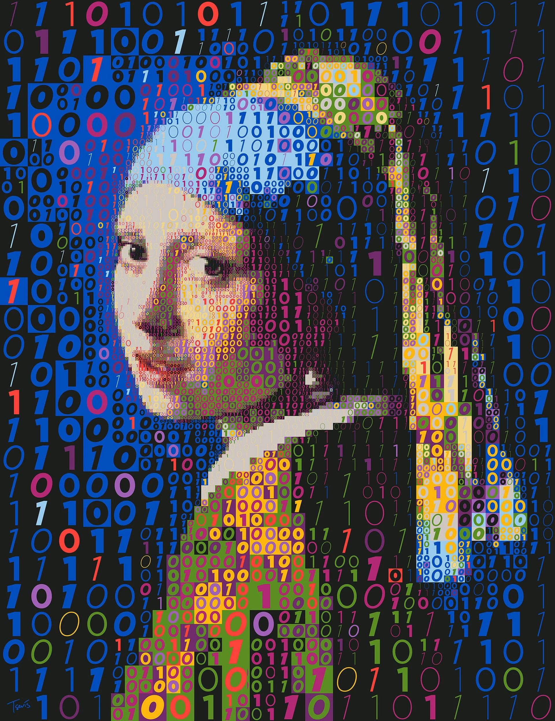 Girl with a Pearl Earring mosaic from binary digits – 0s and 1s forming Vermeer masterpiece.