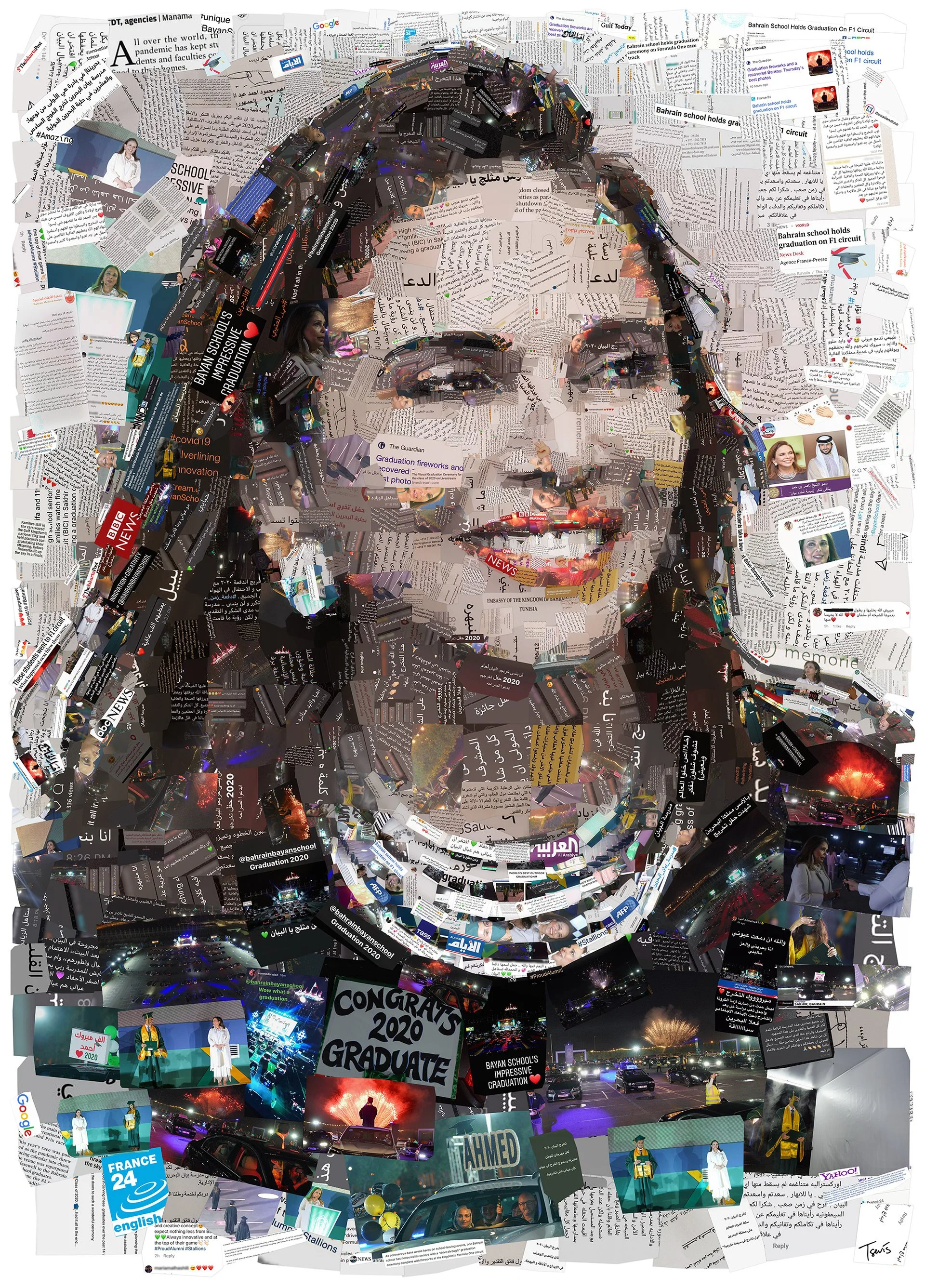 Dr. May Al Otaibi, a co-founder portrait of the Bahrain Bayan School made of press clippings as digital mosaic