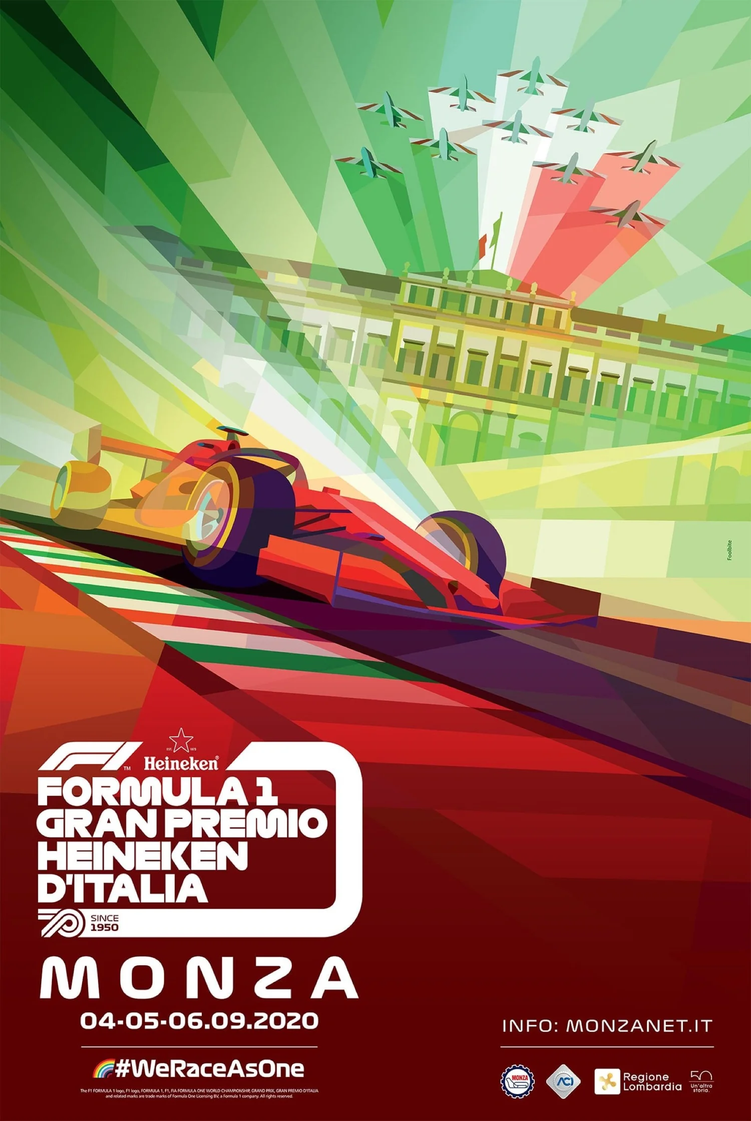 A vibrant poster for the 2020 Formula 1 Heineken Gran Premio d’Italia at Monza, featuring a dynamic F1 car racing on a track with iconic Italian architecture in the background.