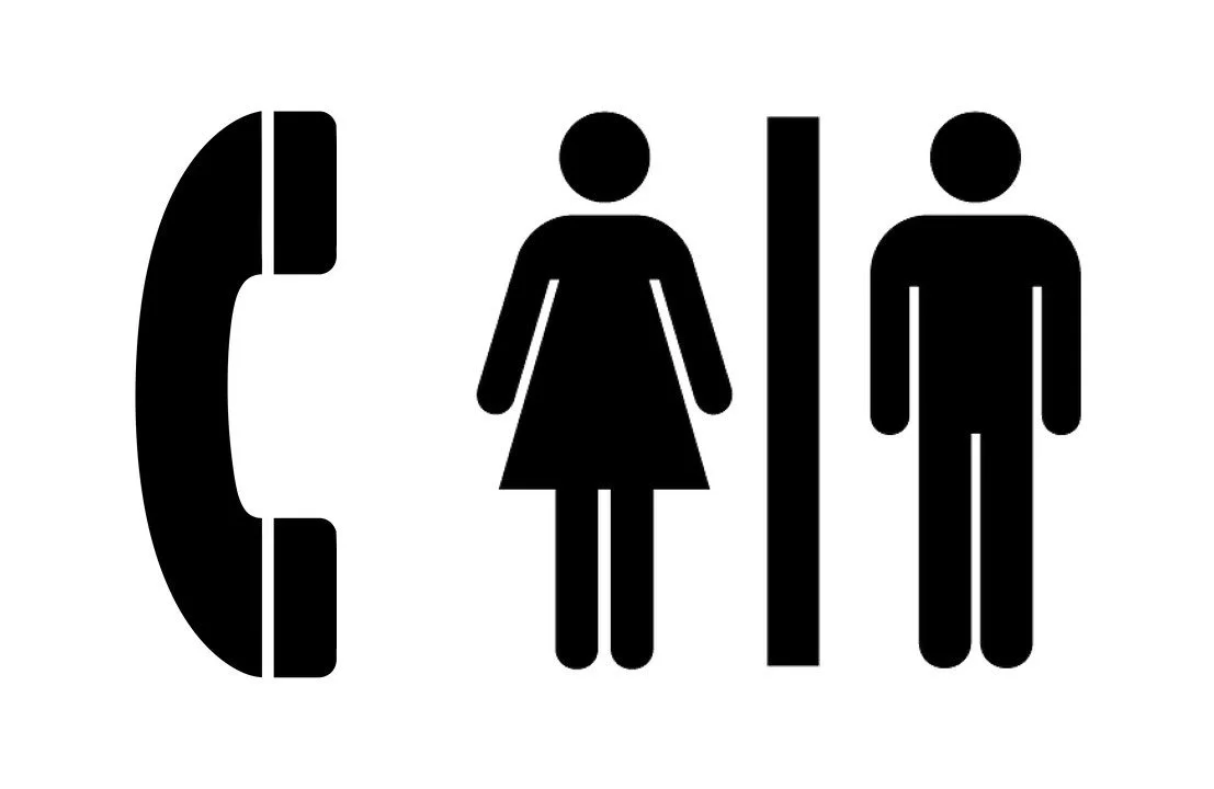 Black pictograms of a telephone and of women and men restroom figures on white