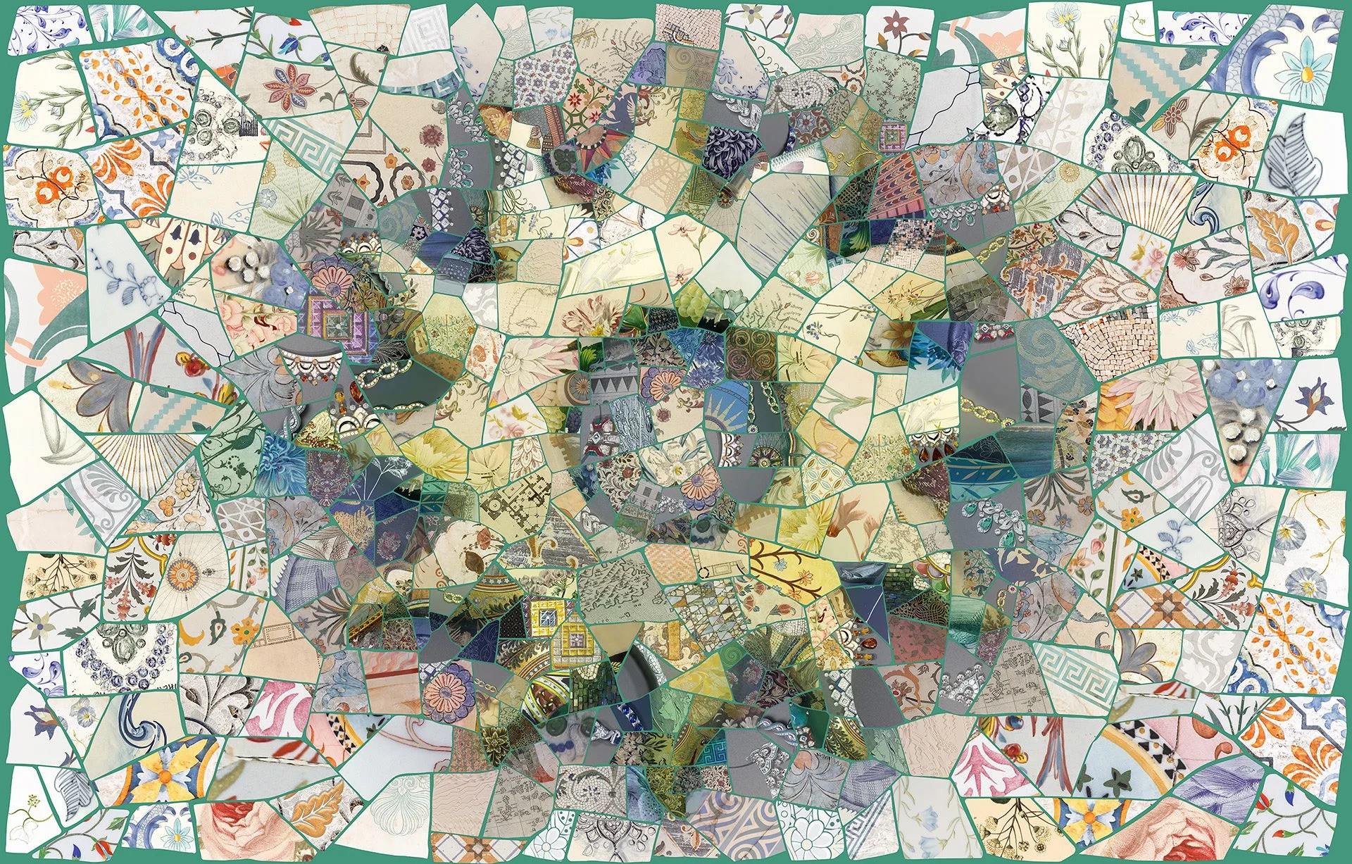 Photomosaic design celebrating Southern Radiance, with bright, lively colors and organic patterns reminiscent of Mediterranean landscapes.