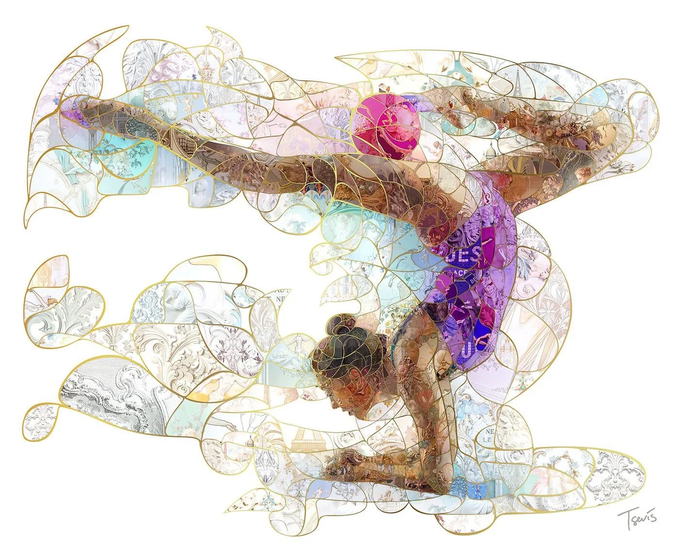 A digital mosaic artwork by Charis Tsevis, showcasing a rhythmic gymnast. The piece integrates thousands of detailed tiles rooted in Parisian art movements, reflecting a seamless fusion of athleticism and artistic expression
