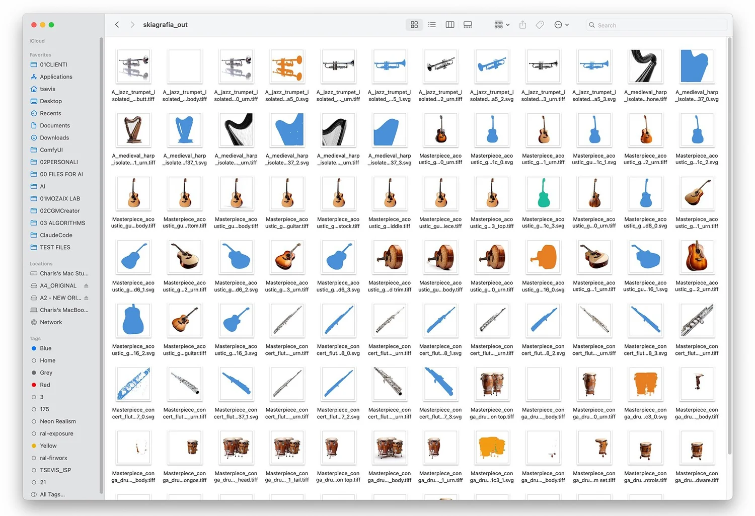 Finder window with the skiagrafia_out folder full of vector musical instrument cut-outs