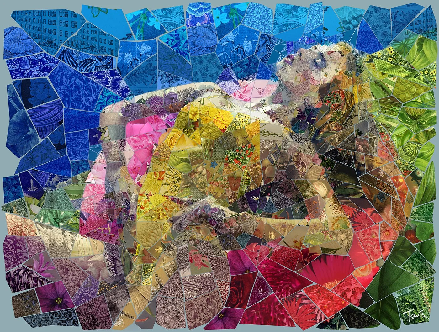 Mosaic Female Figure Bathed in Botanical Desire