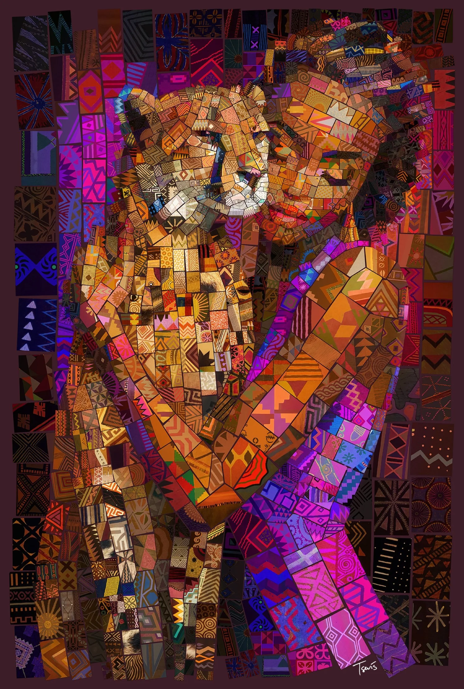Mosaic of a woman holding a leopard cub, made of orange, purple and pink African-style geometric patterned tiles