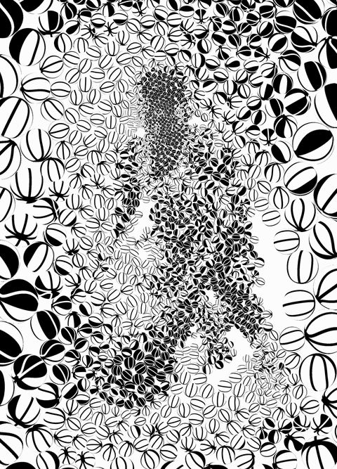 Animation cycling through four black-and-white basketball mosaics of the same frame, each emptier than the one before.