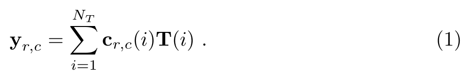 Equation: tile y at row r, column c as a weighted sum of templates T(i)