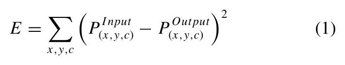 Equation: E as the sum of squared input-minus-output pixel differences